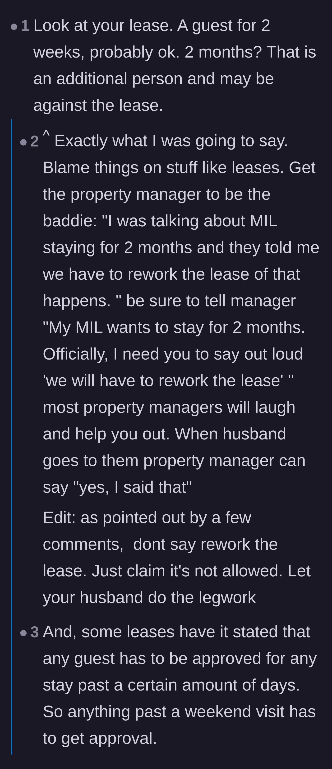 Comment thread 2 - Advice on using apartment lease rules to legally block the mother-in-law's extended stay.
