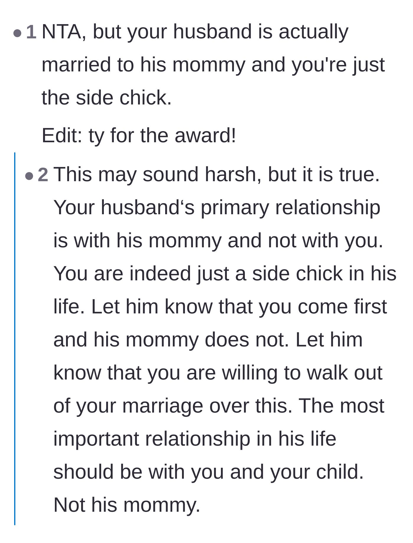 Comment thread 3 - Debating the wife's role as the 'side chick' in her husband's relationship with his mom.