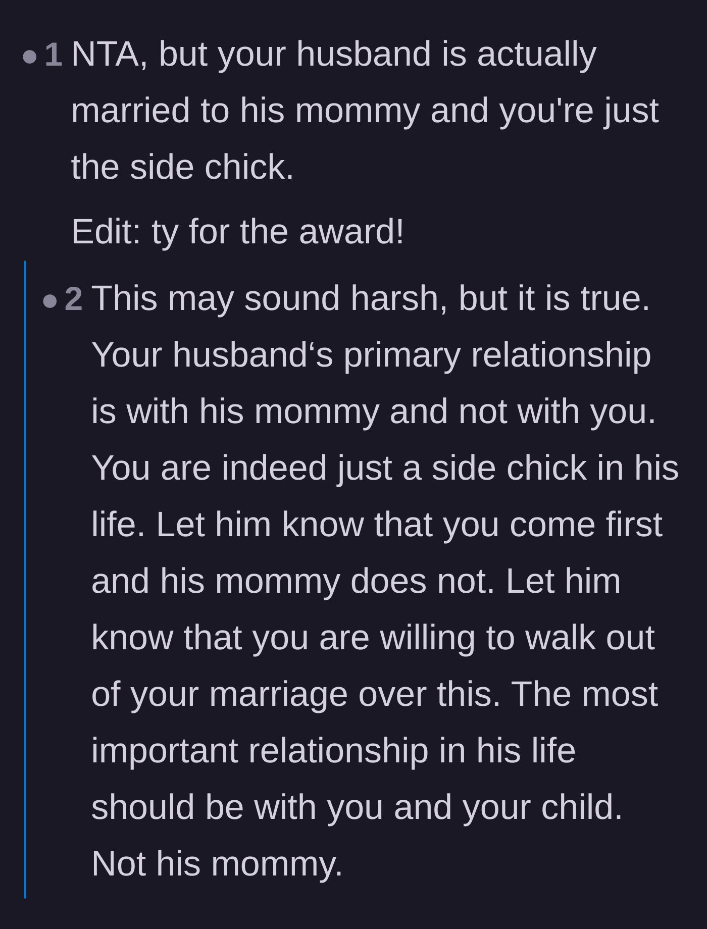 Comment thread 3 - Debating the wife's role as the 'side chick' in her husband's relationship with his mom.