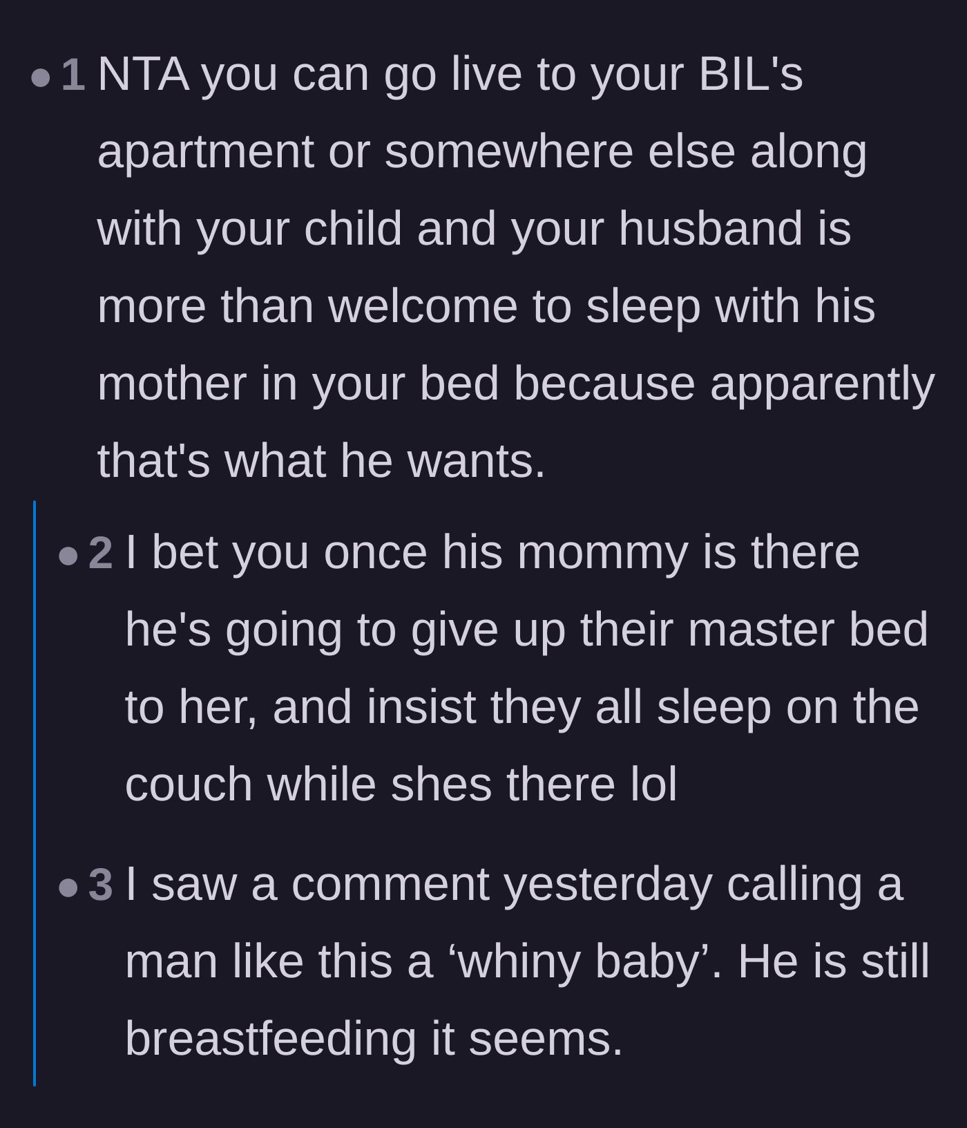 Comment thread 4 - Jokes about the husband abandoning his wife to sleep in the same bed as his mother.
