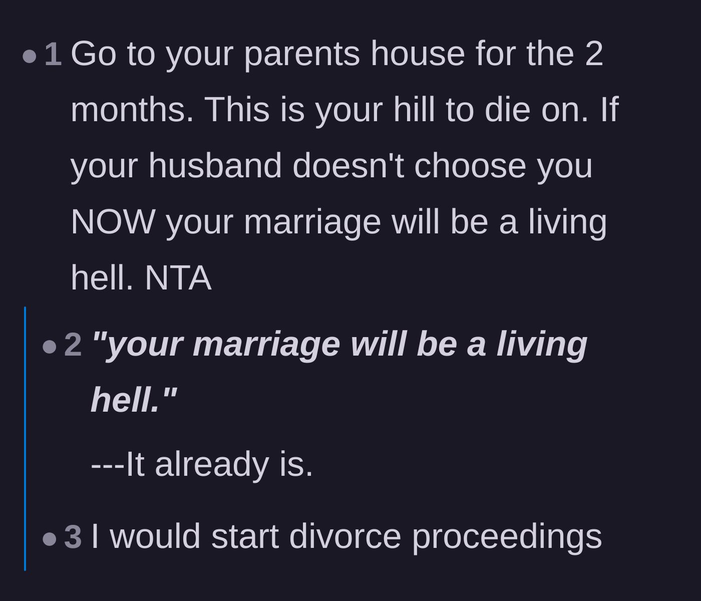 Comment thread 6 - Commenters urging the wife to pack her bags and leave her marriage immediately.