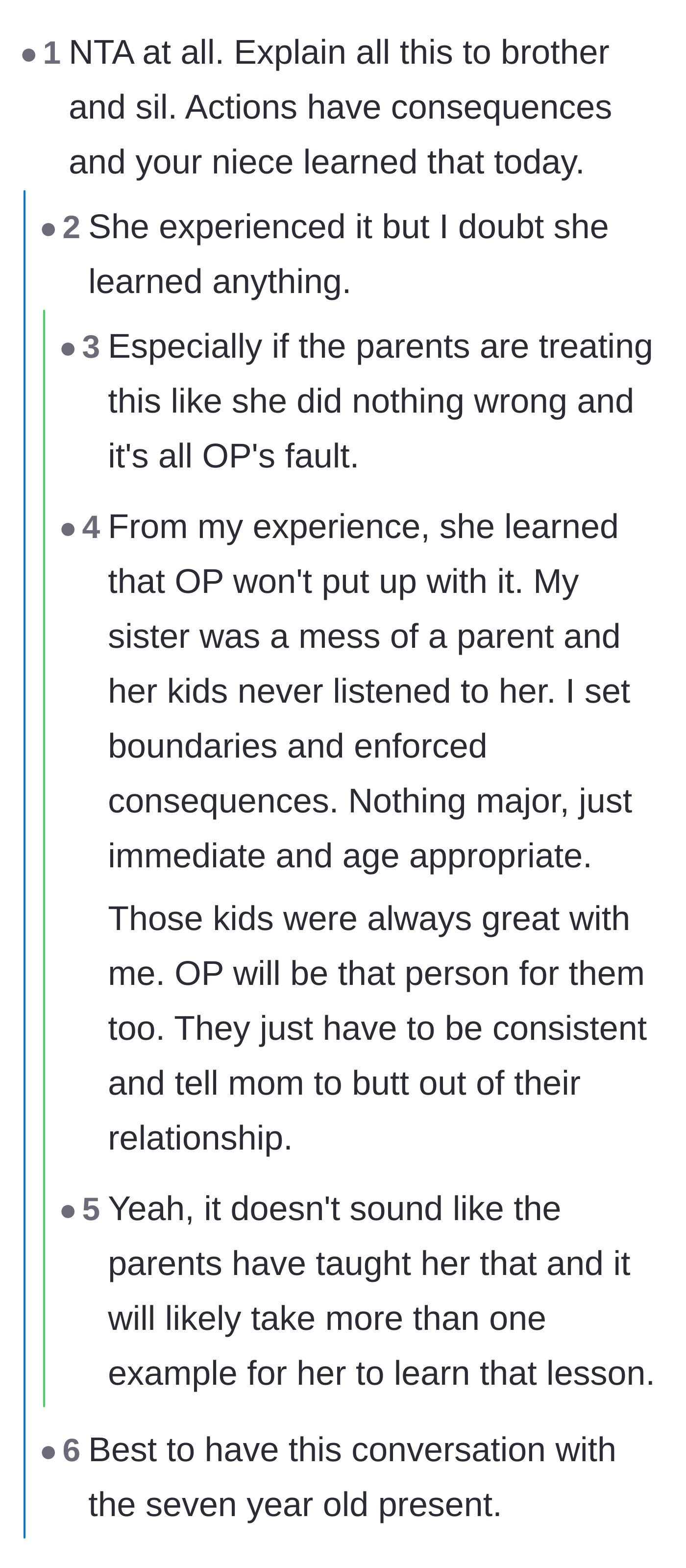 Comment thread 1 - Debating whether the niece learned a lesson and how children test boundaries with different adults