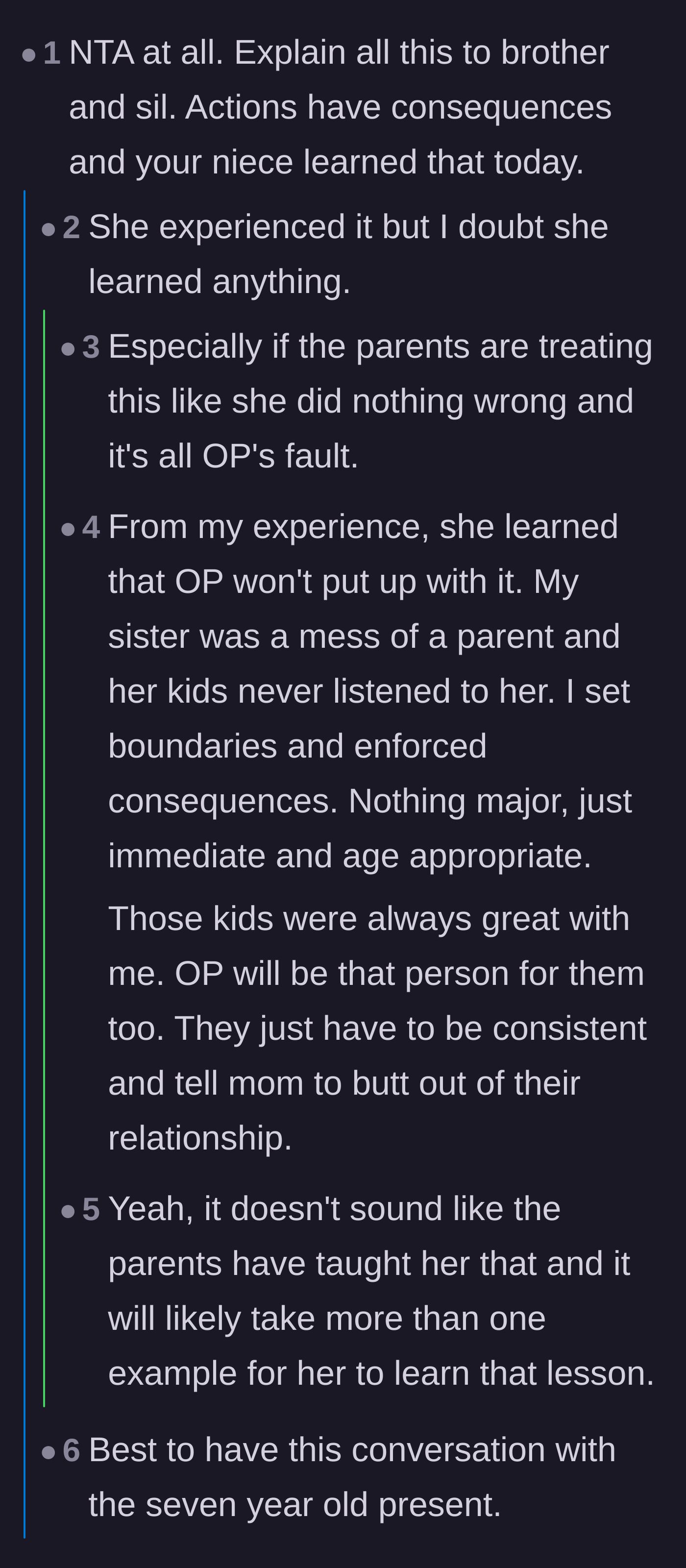 Comment thread 1 - Debating whether the niece learned a lesson and how children test boundaries with different adults