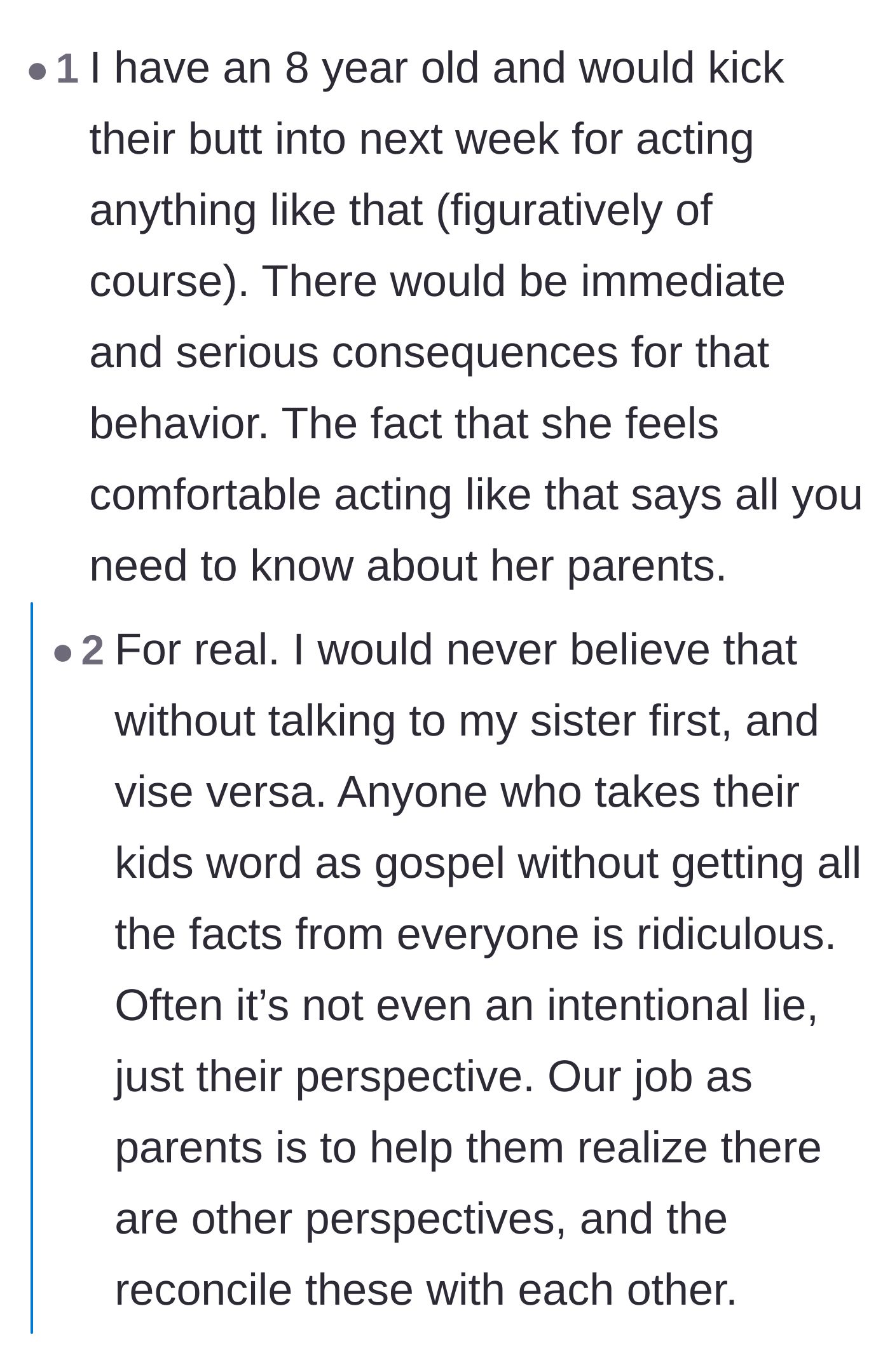Comment thread 2 - Parents discussing age-appropriate behavior and the danger of believing a child's side of the story blindly
