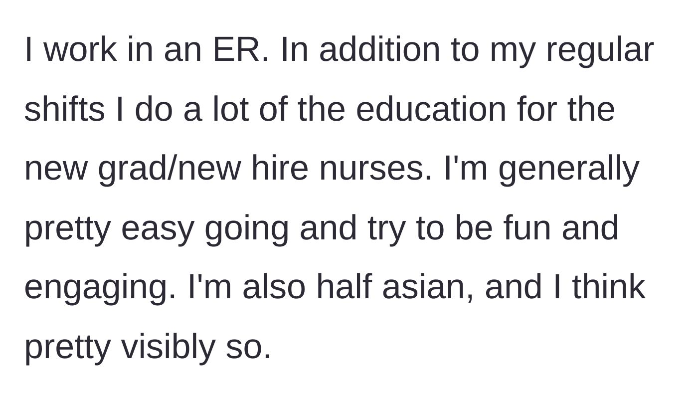 Story part 1 - ER educator explains their role and visible half-Asian heritage.