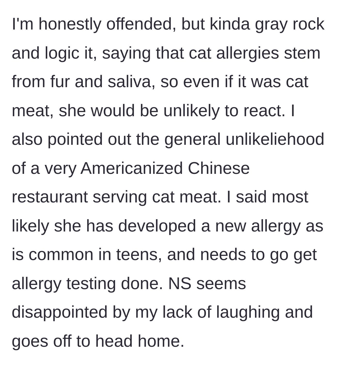 Story part 3 - Main character uses logic to dismiss the cat meat theory.