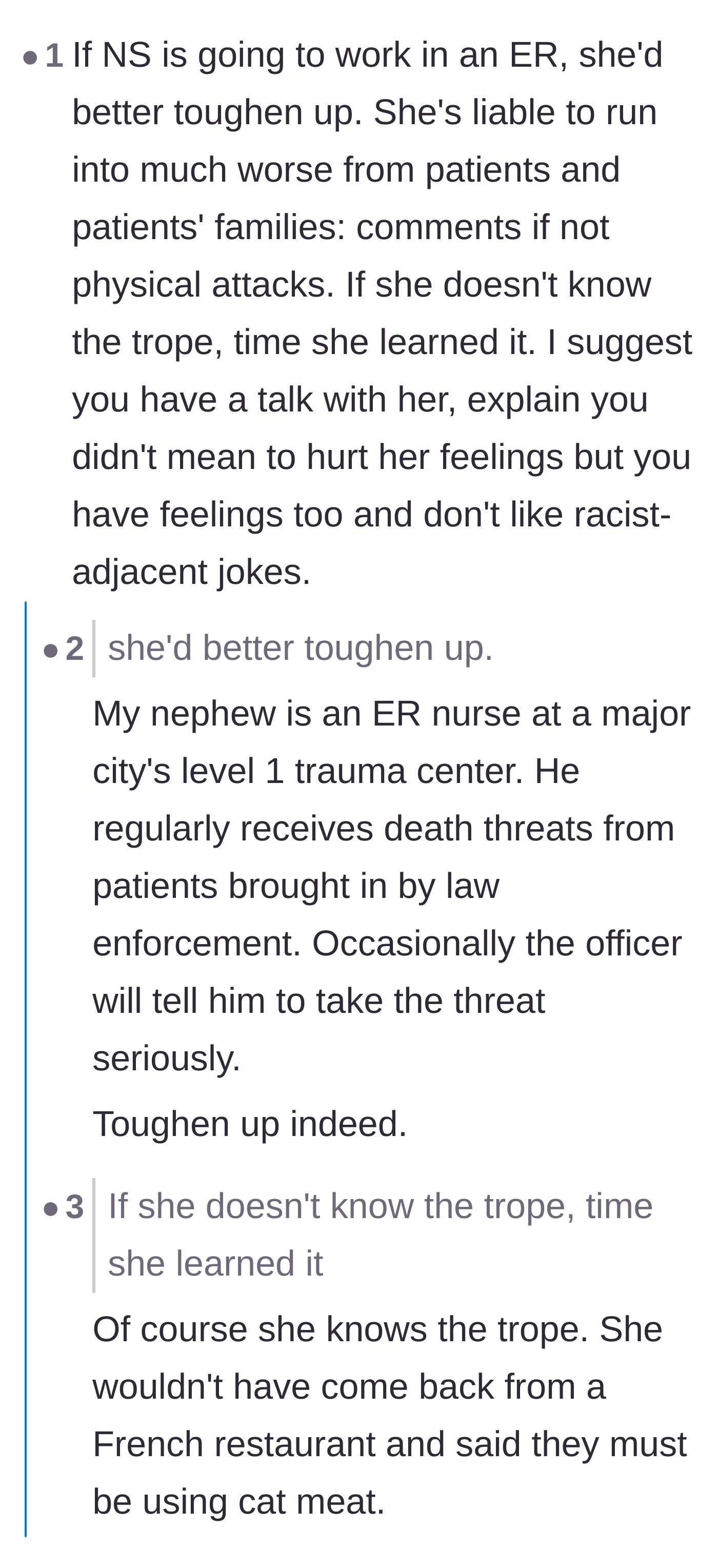 Comment thread discussing the harsh realities of working in the ER and how the coworker absolutely knew the racist pattern.