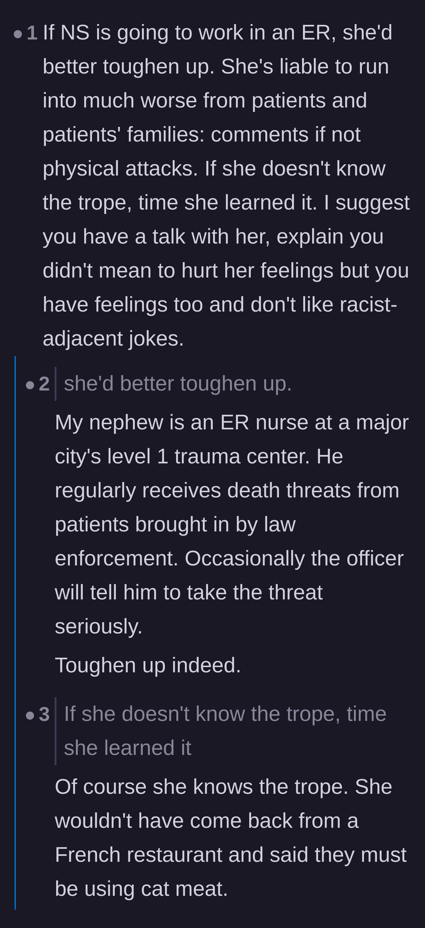 Comment thread discussing the harsh realities of working in the ER and how the coworker absolutely knew the racist pattern.