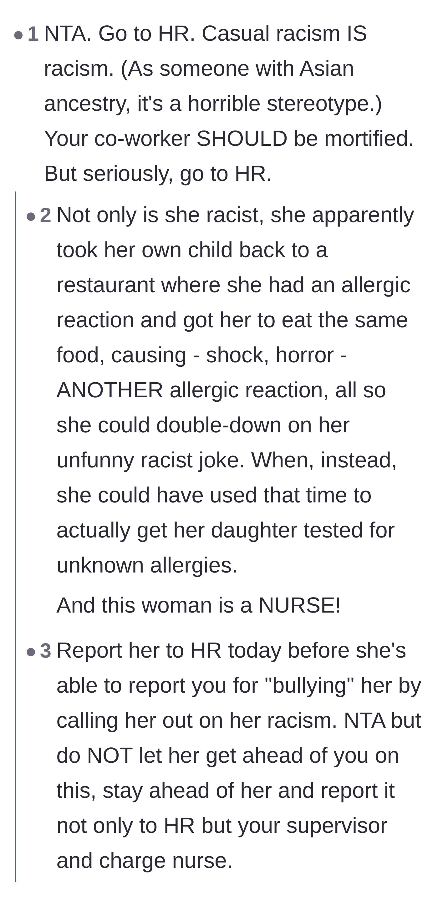 Comment thread advising the main character to go to HR immediately before the crying coworker flips the narrative.