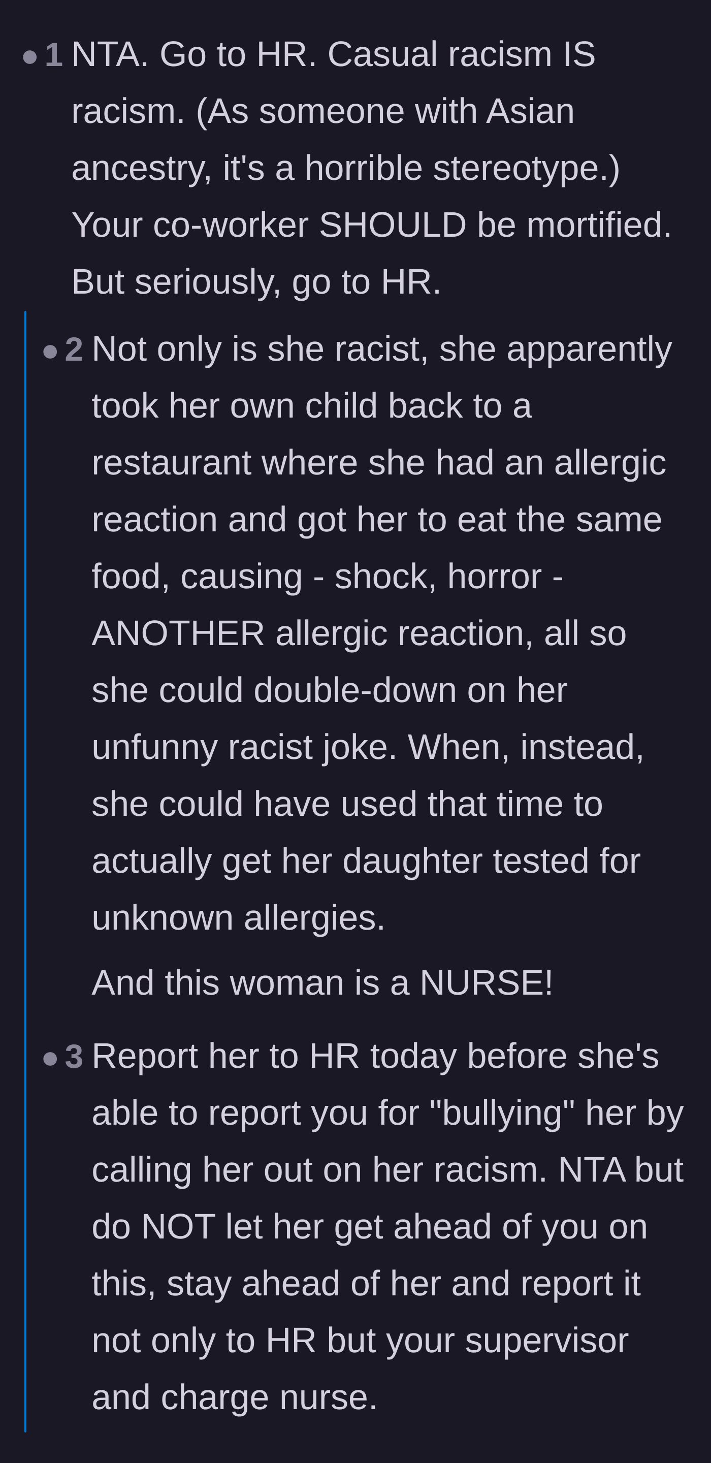 Comment thread advising the main character to go to HR immediately before the crying coworker flips the narrative.