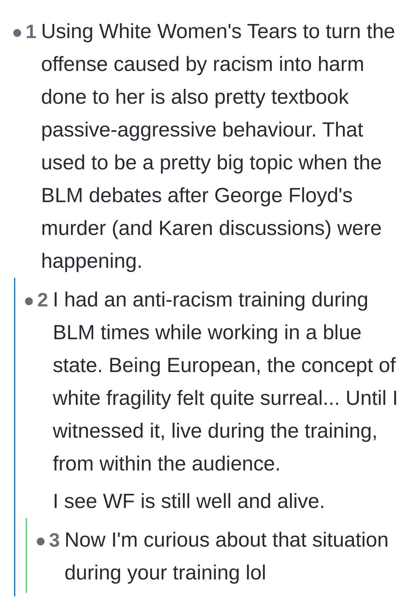 Comment thread analyzing the textbook use of weaponized tears to avoid accountability for racism.
