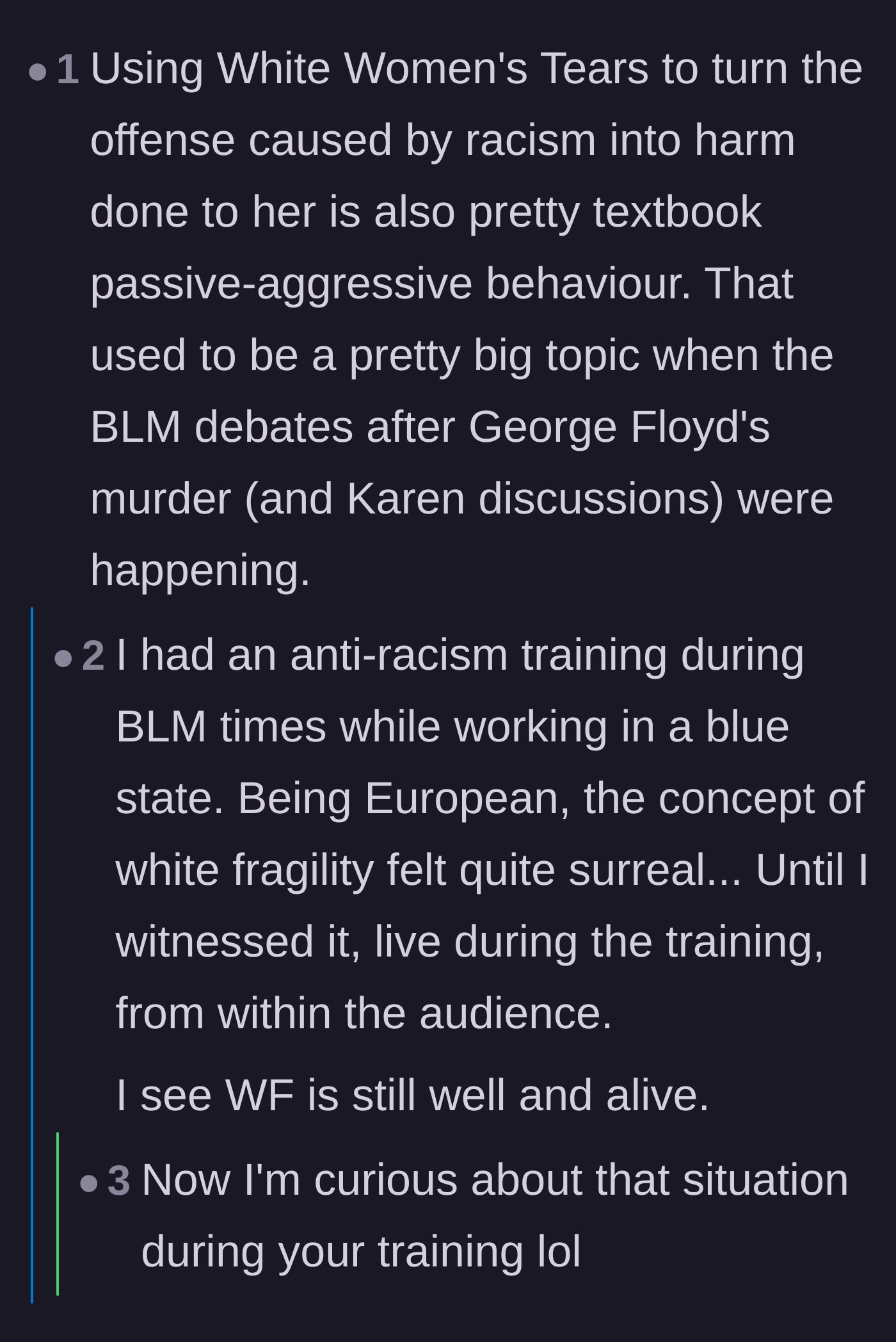 Comment thread analyzing the textbook use of weaponized tears to avoid accountability for racism.