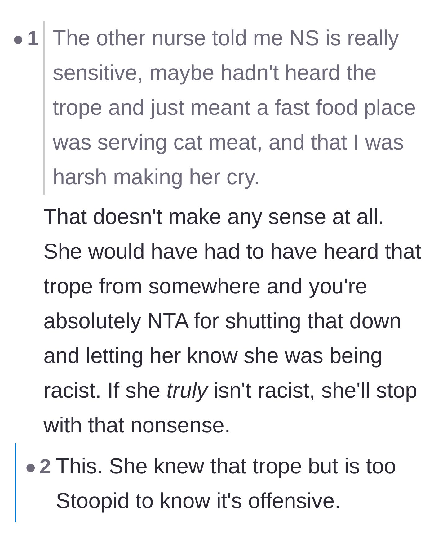 Comment thread tearing apart the enabling nurse's defense that the coworker didn't understand the stereotype she was using.