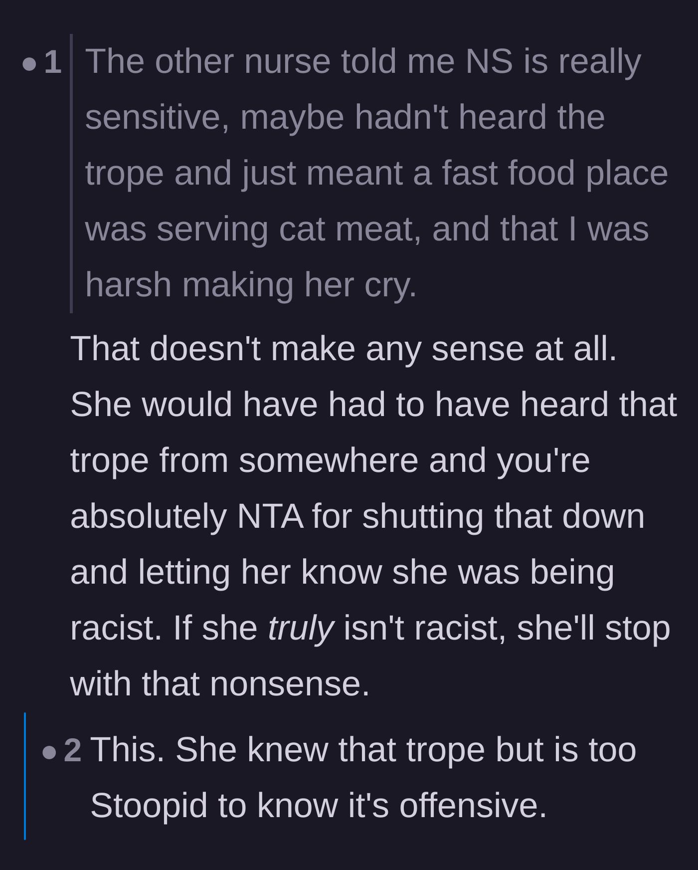 Comment thread tearing apart the enabling nurse's defense that the coworker didn't understand the stereotype she was using.
