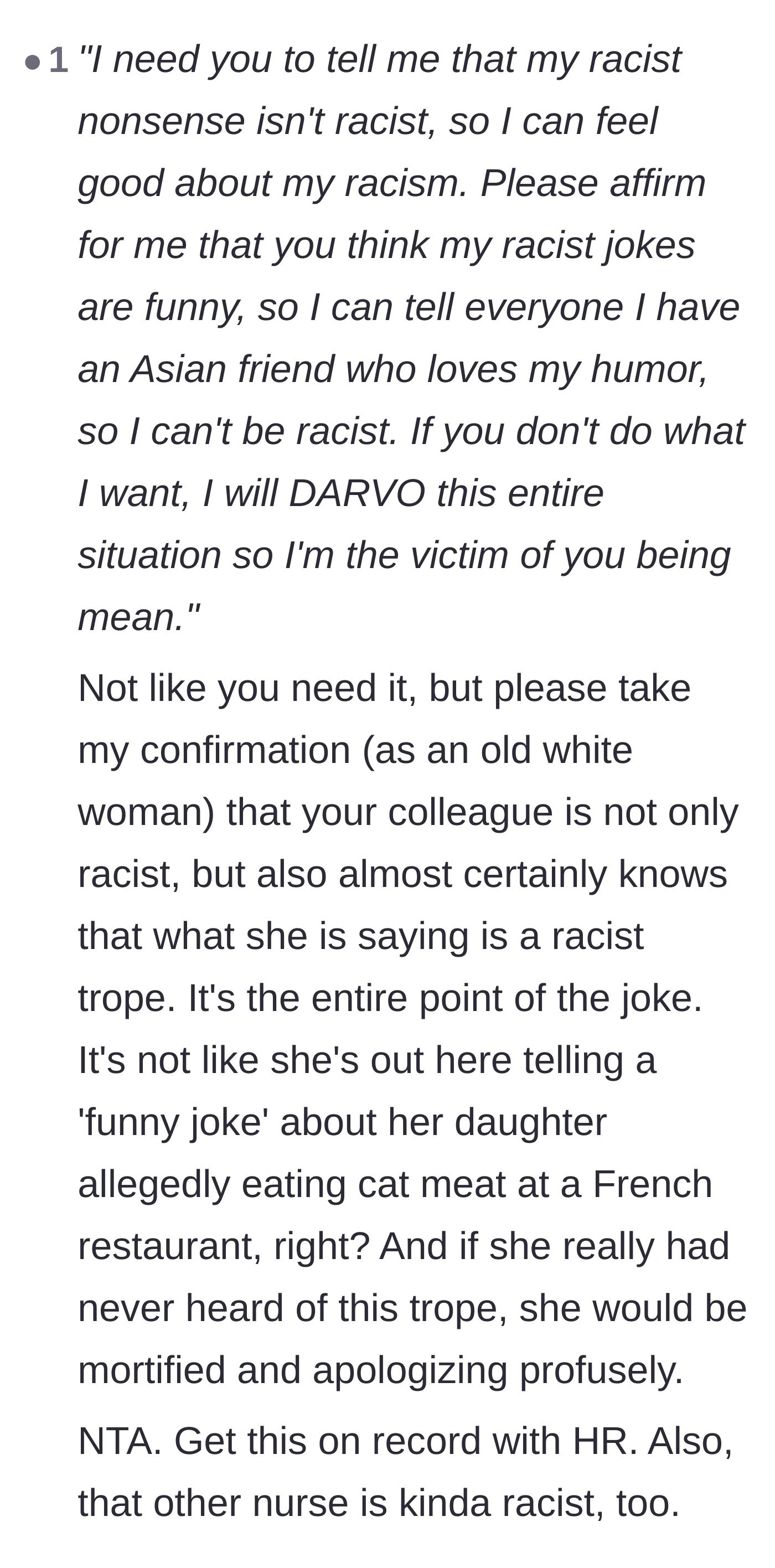 Comment thread explaining how the coworker used DARVO to make herself the victim and demanding HR involvement.