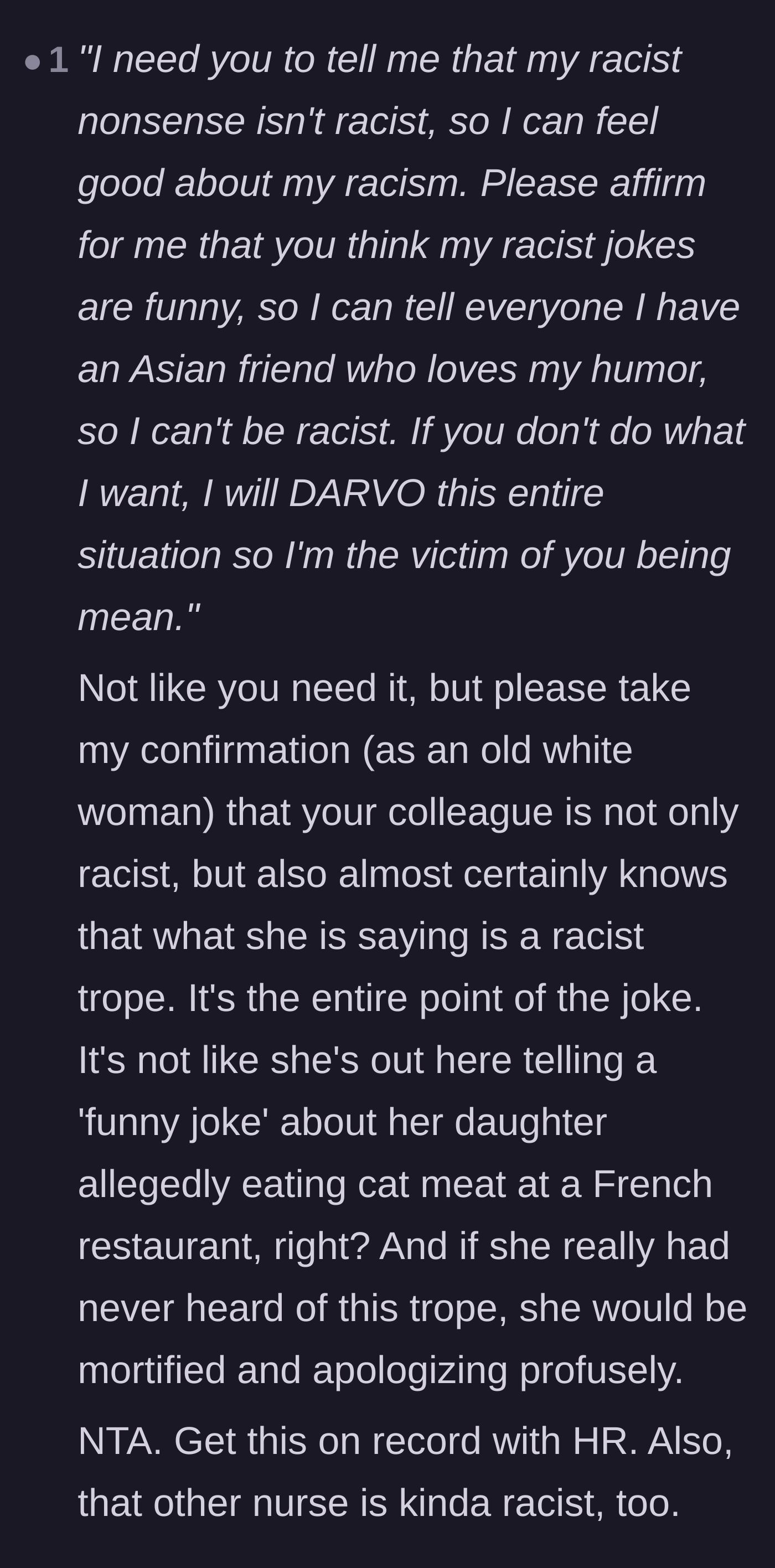 Comment thread explaining how the coworker used DARVO to make herself the victim and demanding HR involvement.