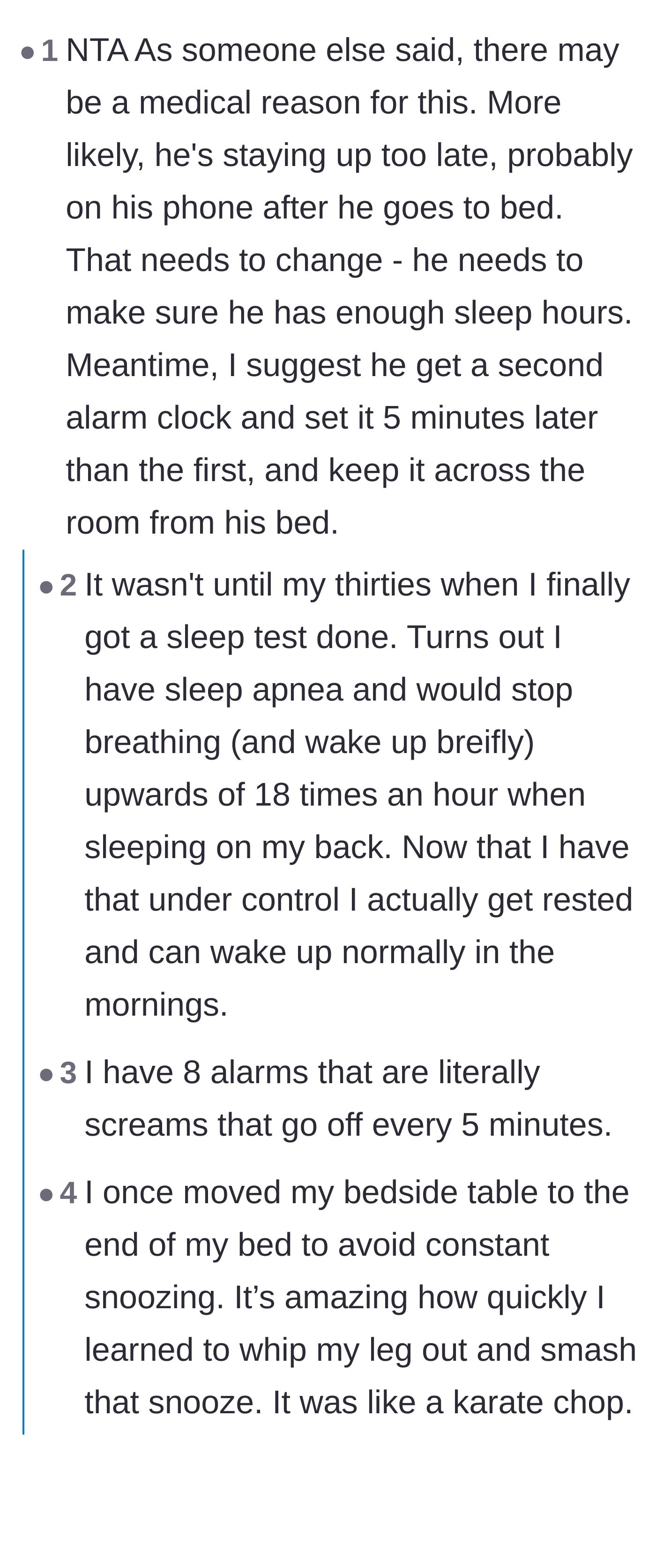 Comment thread 1 - Readers sharing personal stories about how sleep apnea and narcolepsy diagnoses solved their alarm clock struggles.