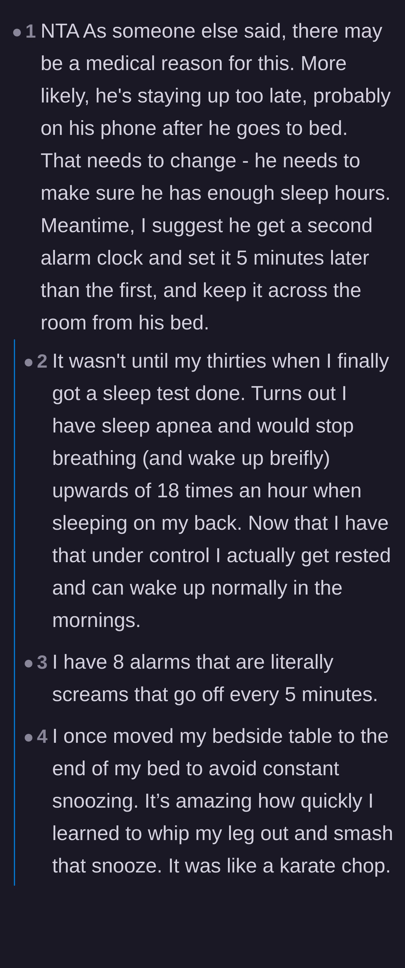 Comment thread 1 - Readers sharing personal stories about how sleep apnea and narcolepsy diagnoses solved their alarm clock struggles.