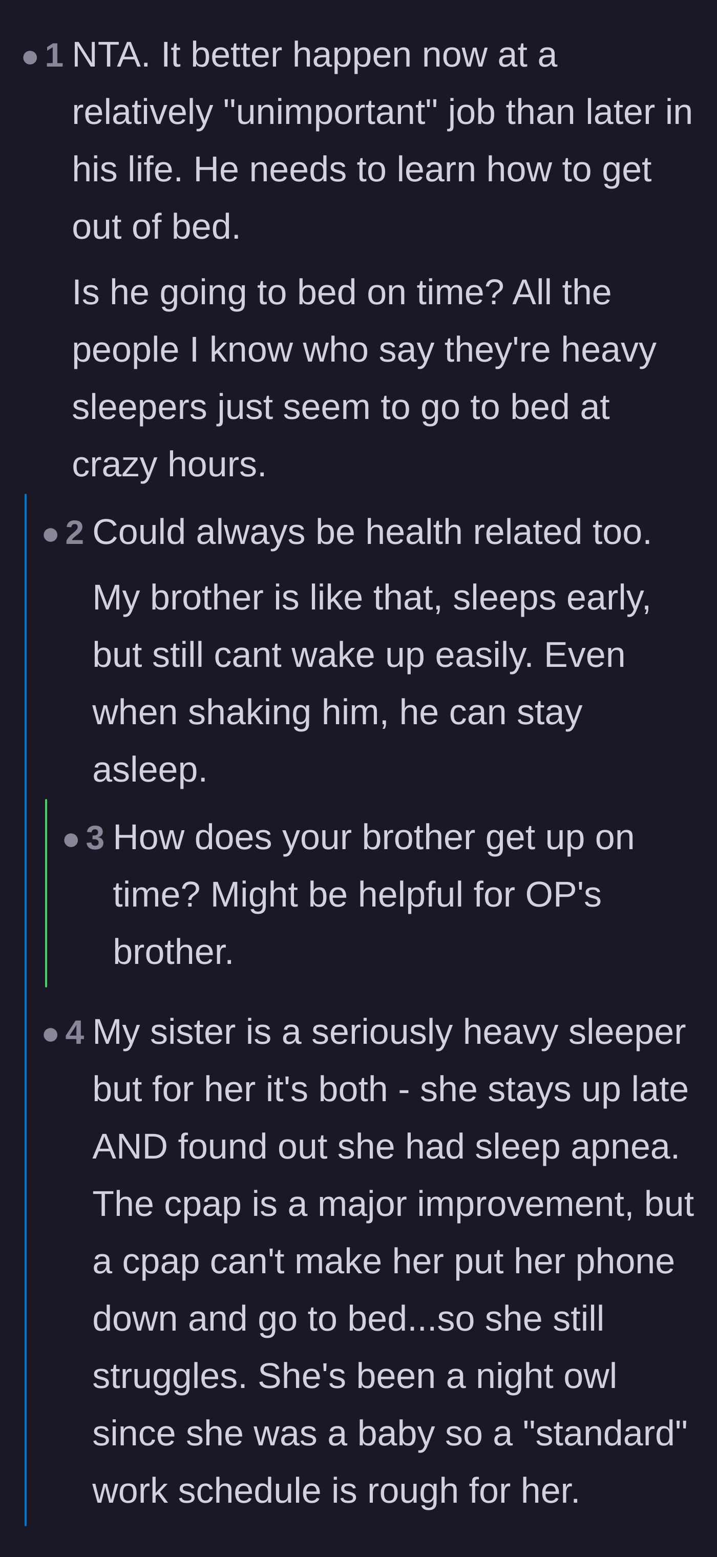Comment thread 3 - A debate over whether the brother's sleeping problem is caused by bad bedtime habits or an undiagnosed neurodivergent sleep rhythm.