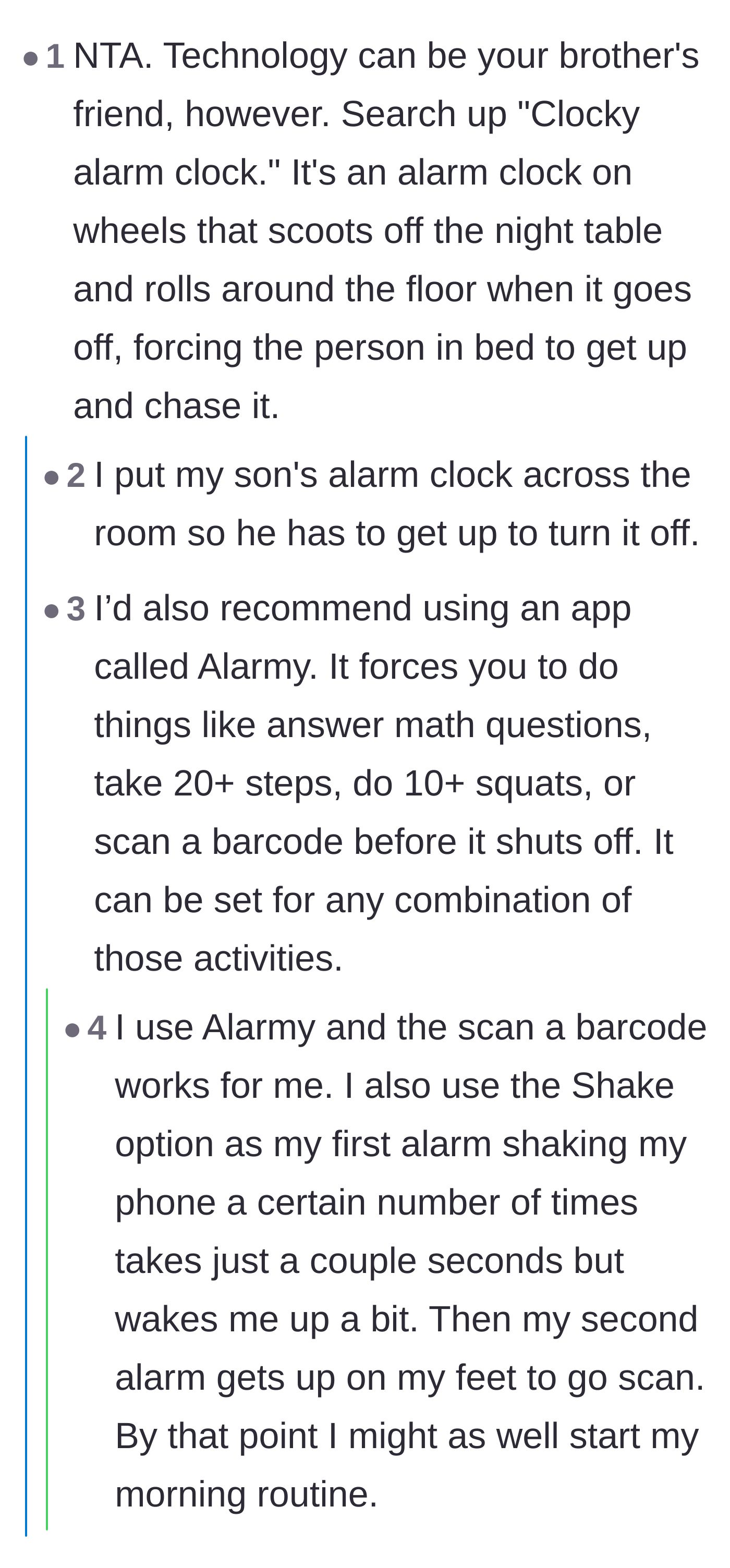 Comment thread 5 - Suggestions for extreme alarm clocks, including ones that roll away and apps that force you to solve math or do squats to turn them off.