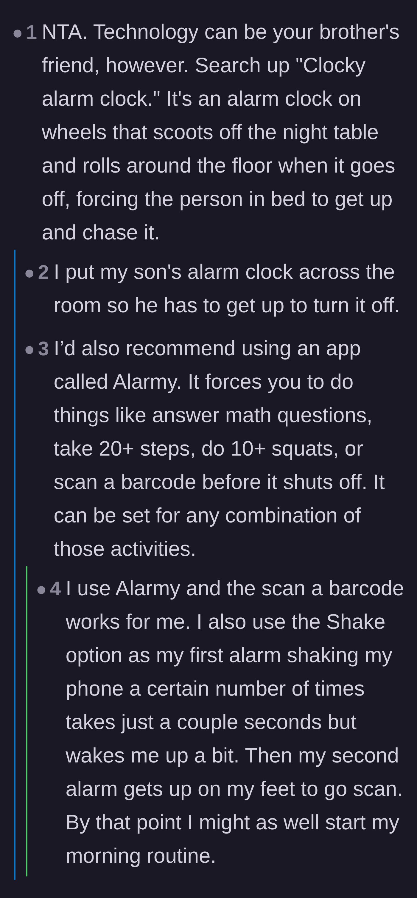Comment thread 5 - Suggestions for extreme alarm clocks, including ones that roll away and apps that force you to solve math or do squats to turn them off.