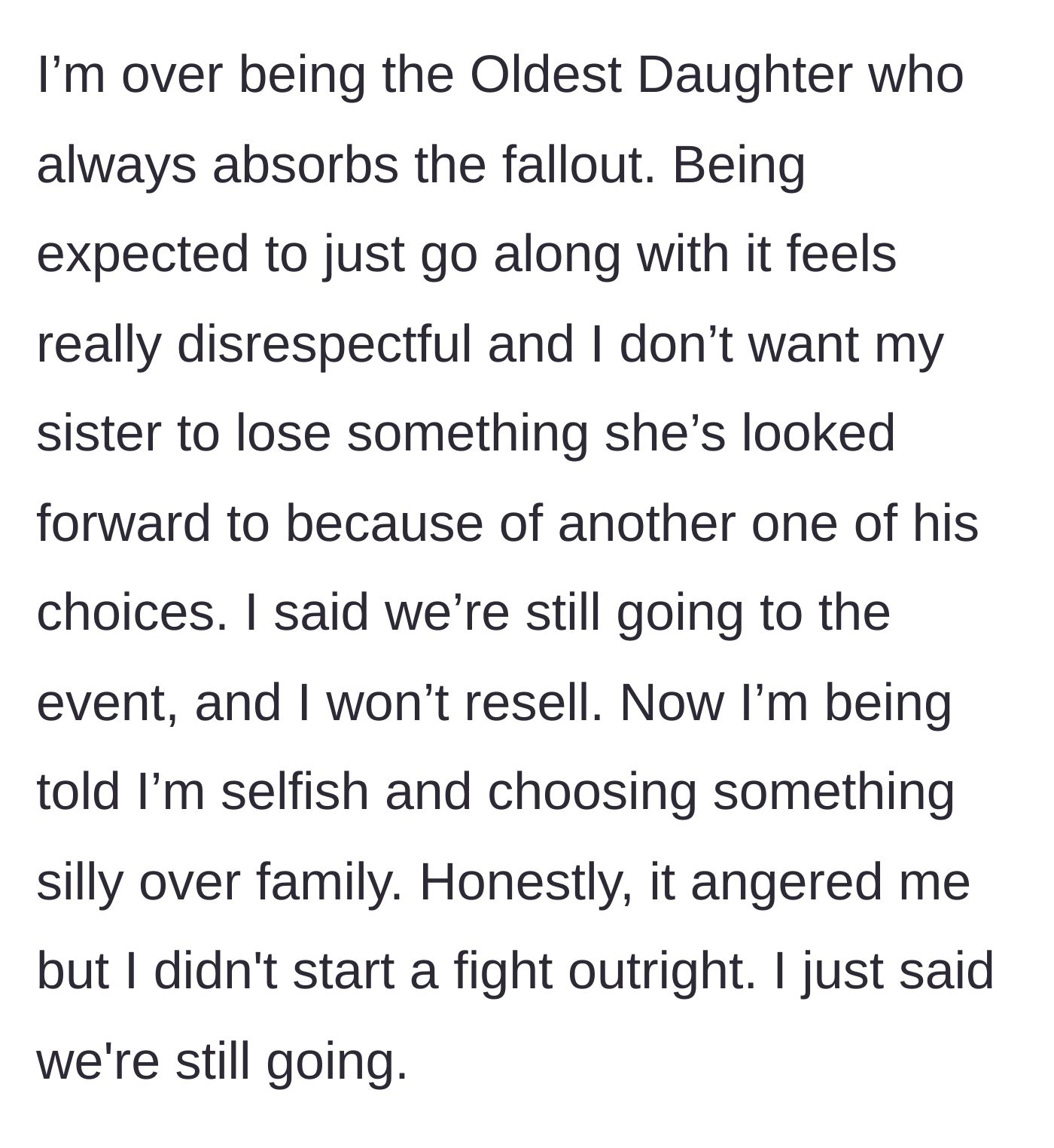 Story part 6 - A furious older sister standing firm with her arms crossed while her family complains.