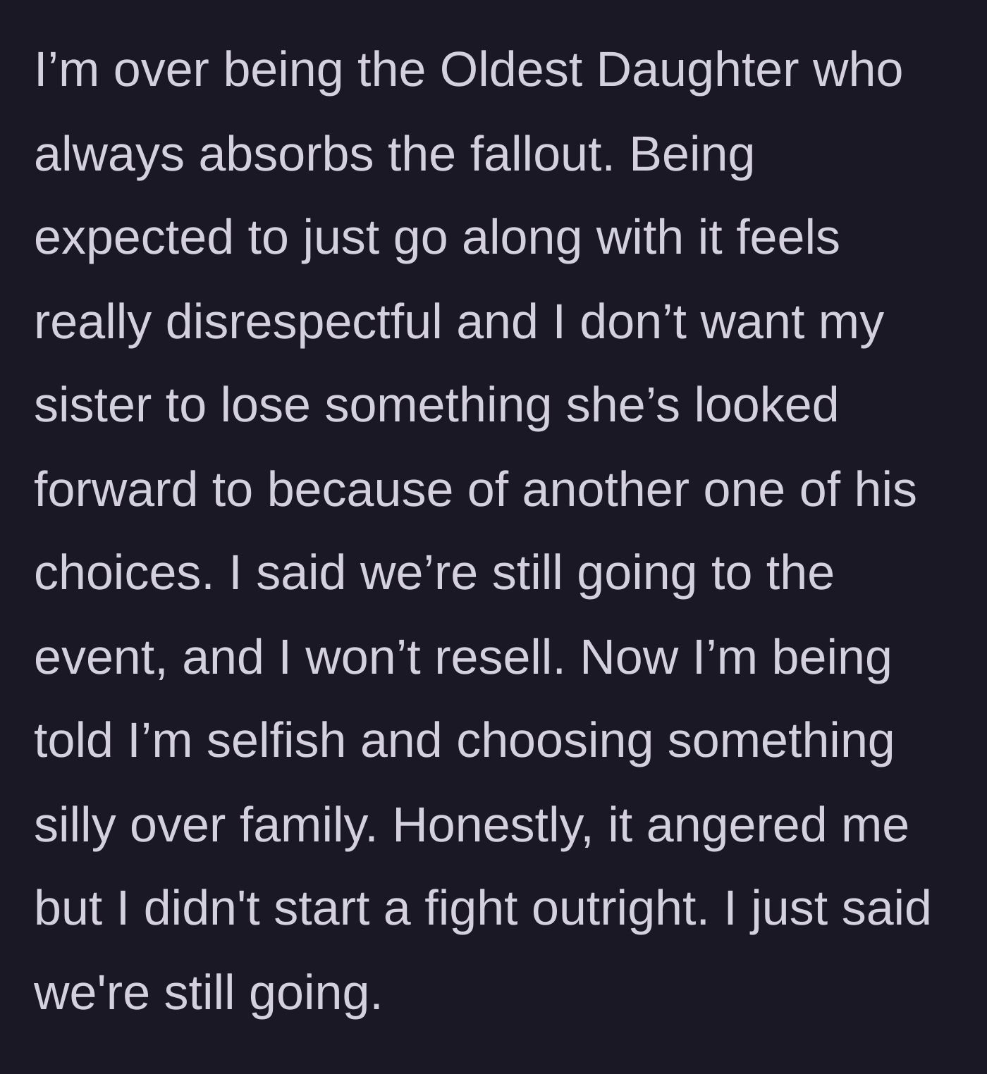 Story part 6 - A furious older sister standing firm with her arms crossed while her family complains.