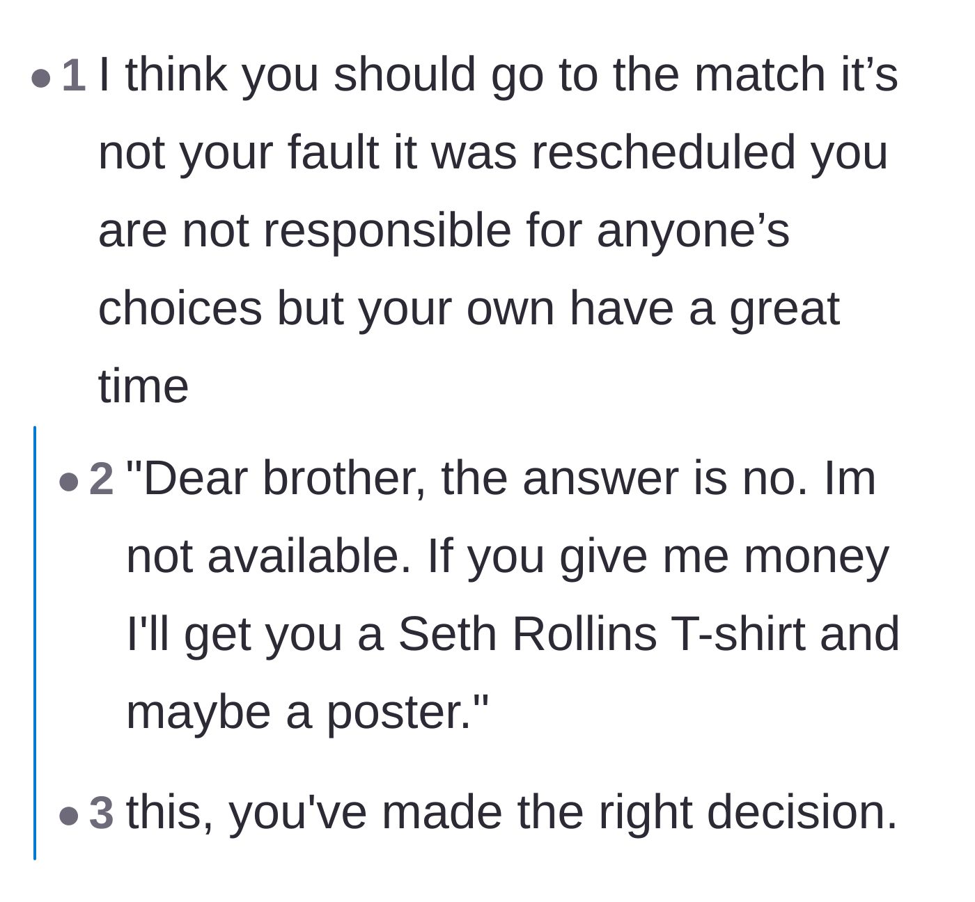 Comment thread 1 - Readers encouraging the sister to enjoy the wrestling match and joking about bringing back souvenir merchandise.