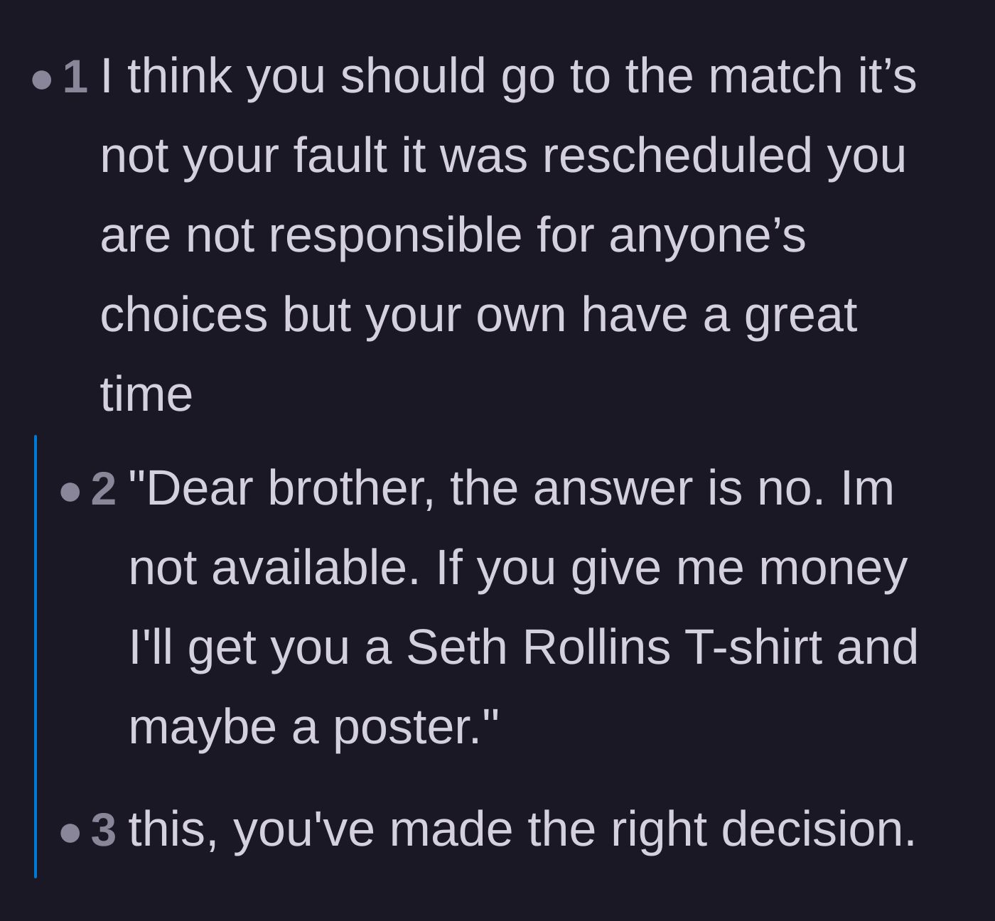 Comment thread 1 - Readers encouraging the sister to enjoy the wrestling match and joking about bringing back souvenir merchandise.