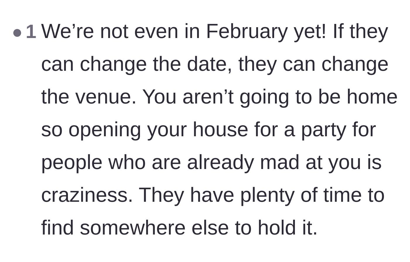 Comment thread 5 - Pointing out that there is plenty of time to find a new venue instead of using the sister's home.