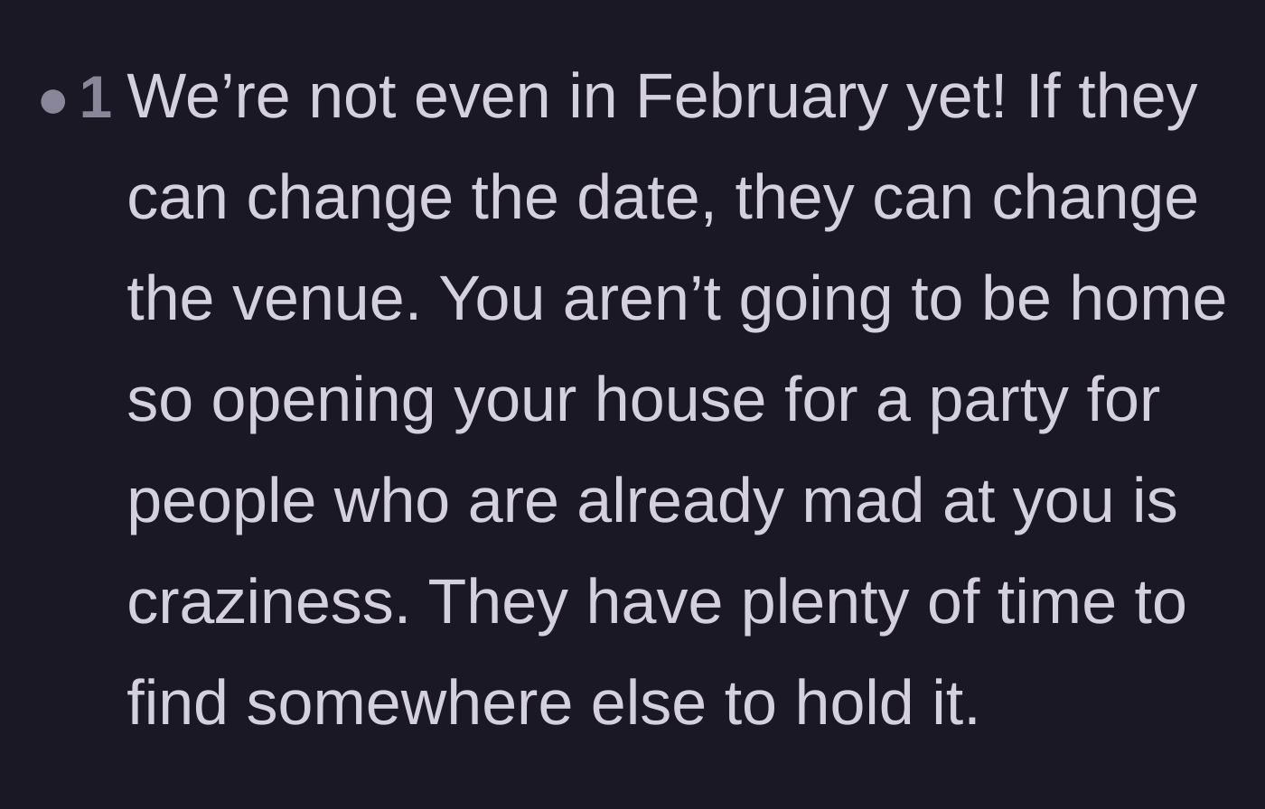Comment thread 5 - Pointing out that there is plenty of time to find a new venue instead of using the sister's home.
