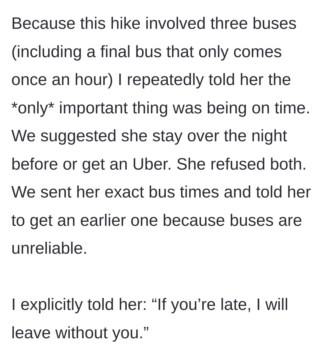 Story part 3 - The main character outlines the strict travel schedule involving three buses and details the explicit warnings and rejected solutions provided to the cousin to ensure she arrived on time.