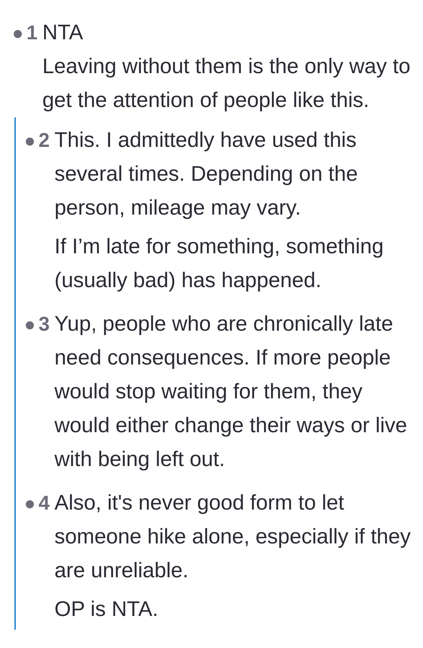 Comment thread 1 - Readers discuss how enforcing consequences by actually leaving is the only way to handle chronically late people.