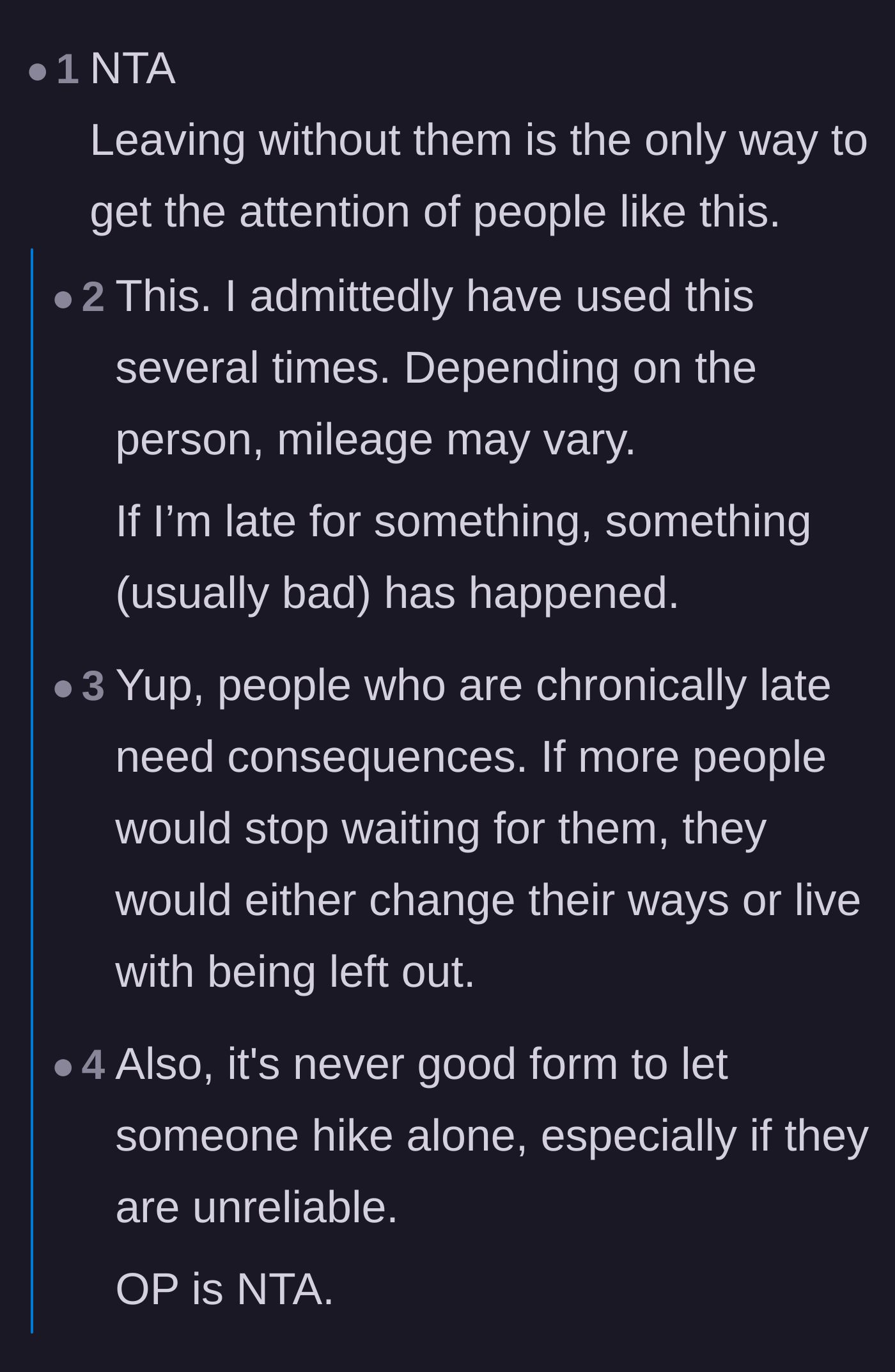 Comment thread 1 - Readers discuss how enforcing consequences by actually leaving is the only way to handle chronically late people.