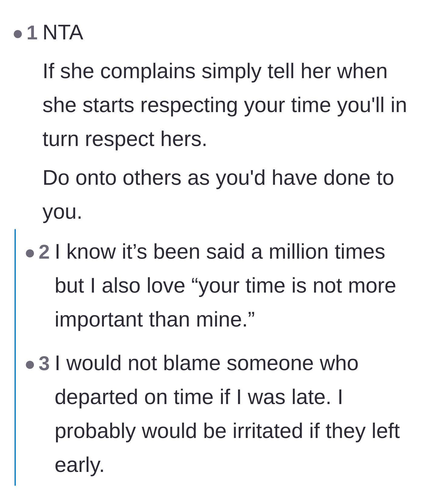 Comment thread 2 - Users agree that respect for time goes both ways and suggest reminding the cousin of this fundamental rule.