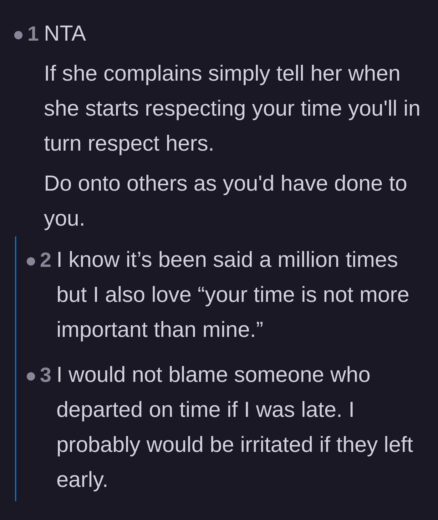 Comment thread 2 - Users agree that respect for time goes both ways and suggest reminding the cousin of this fundamental rule.