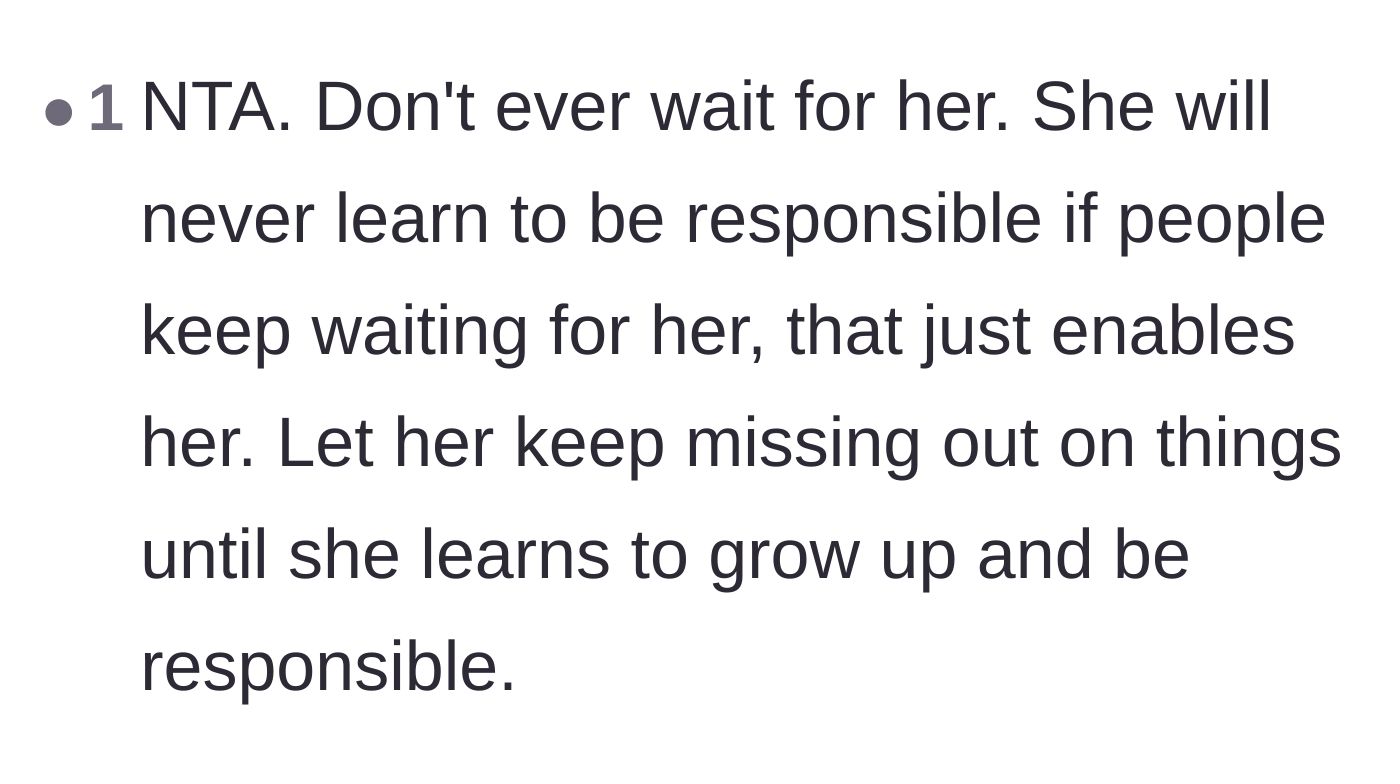 Comment thread 5 - A discussion on how waiting for late people only enables their childish behavior and stunts their personal growth.