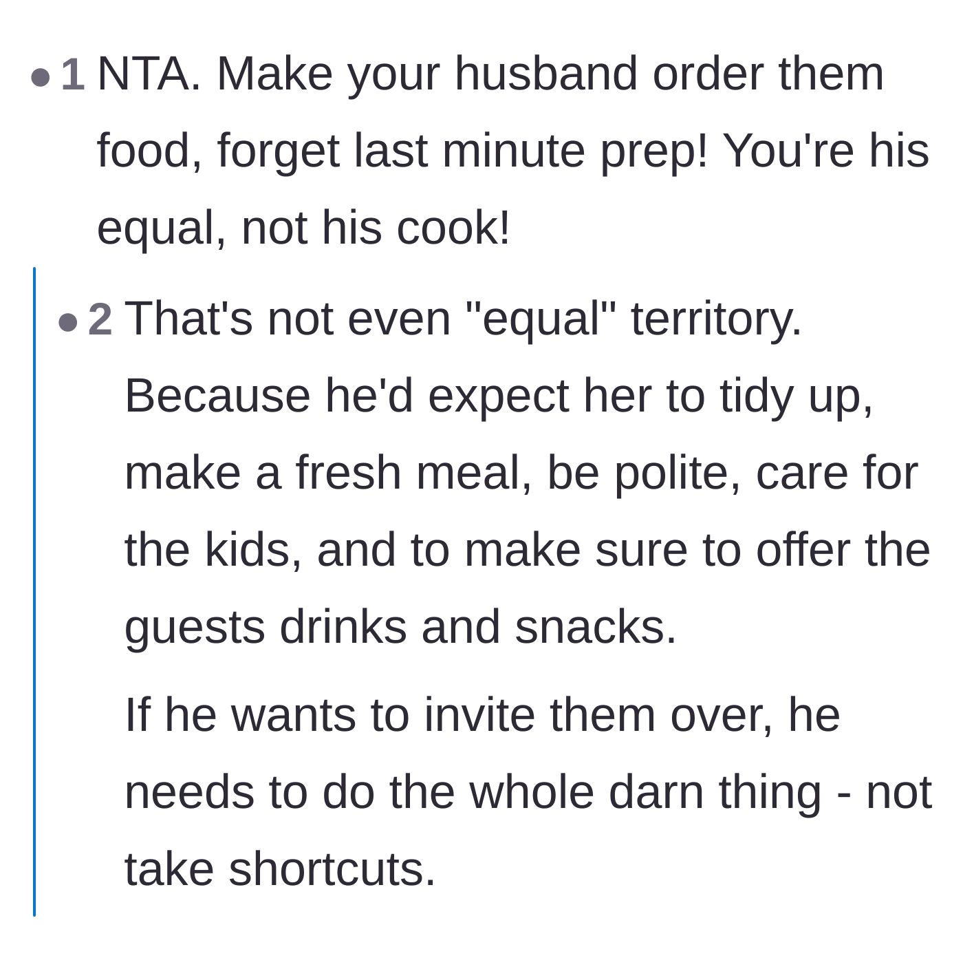 Comment thread 2 - A user pointing out that the wife is a partner, not a default cook, and the husband needs to handle all the hosting duties himself.