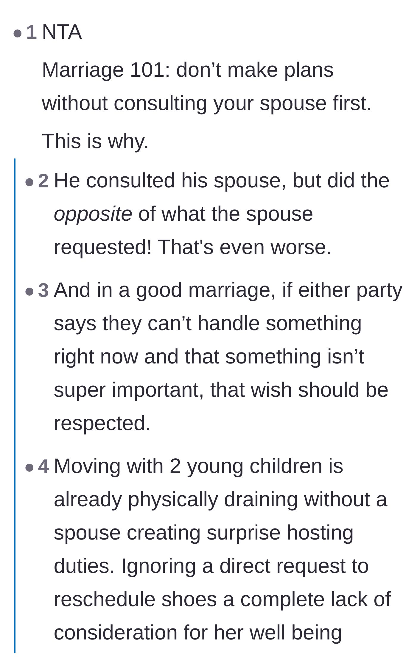 Comment thread 3 - Commenters discussing how the husband broke a fundamental marriage rule by asking his wife's opinion and then doing the exact opposite.