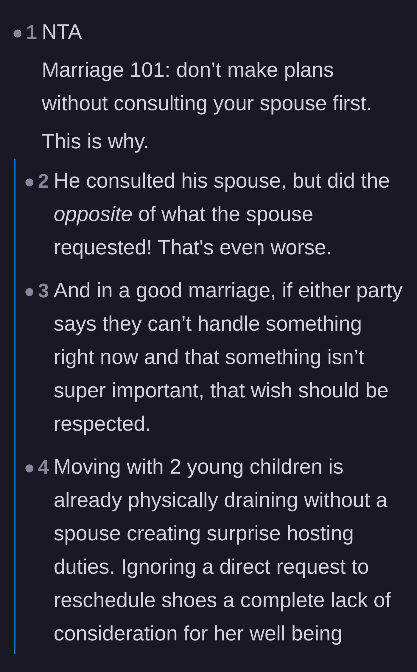 Comment thread 3 - Commenters discussing how the husband broke a fundamental marriage rule by asking his wife's opinion and then doing the exact opposite.