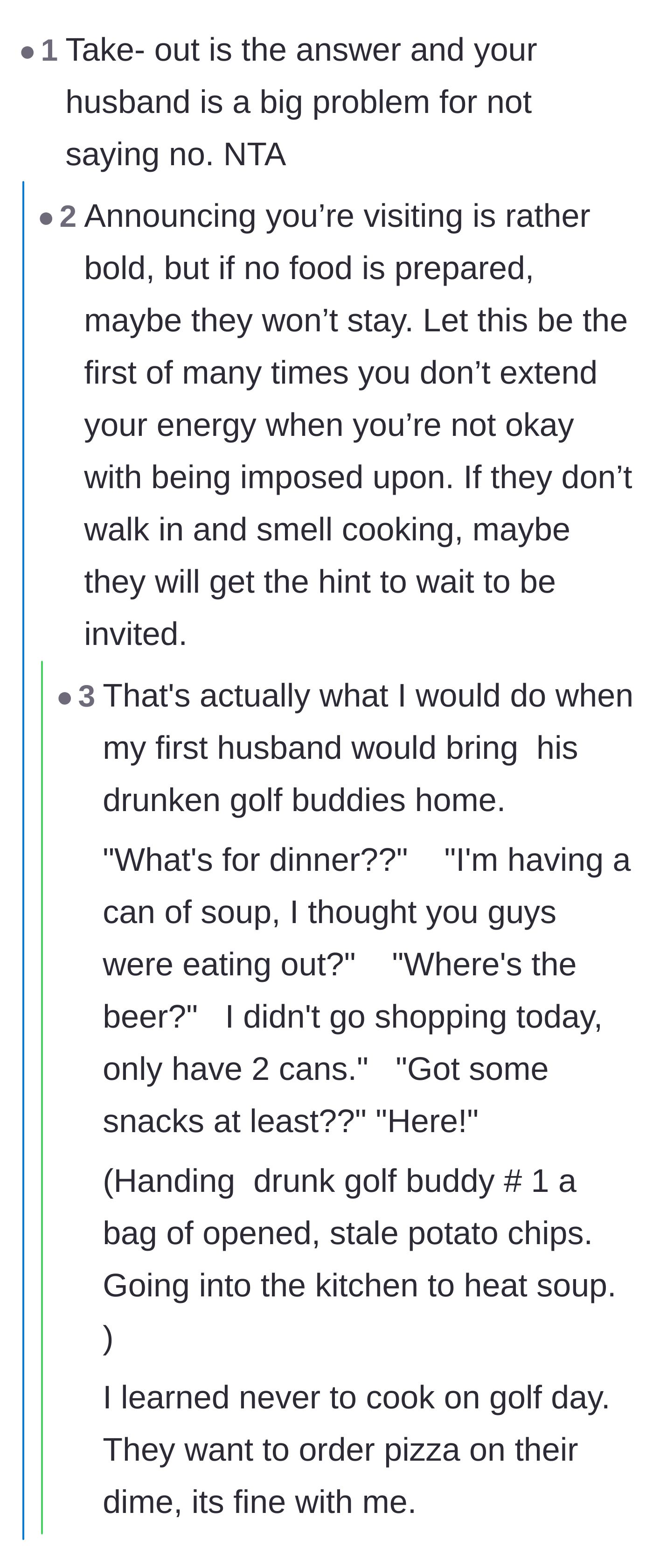 Comment thread 4 - A user sharing their own hilarious revenge strategy of serving stale chips and canned soup to uninvited guests.