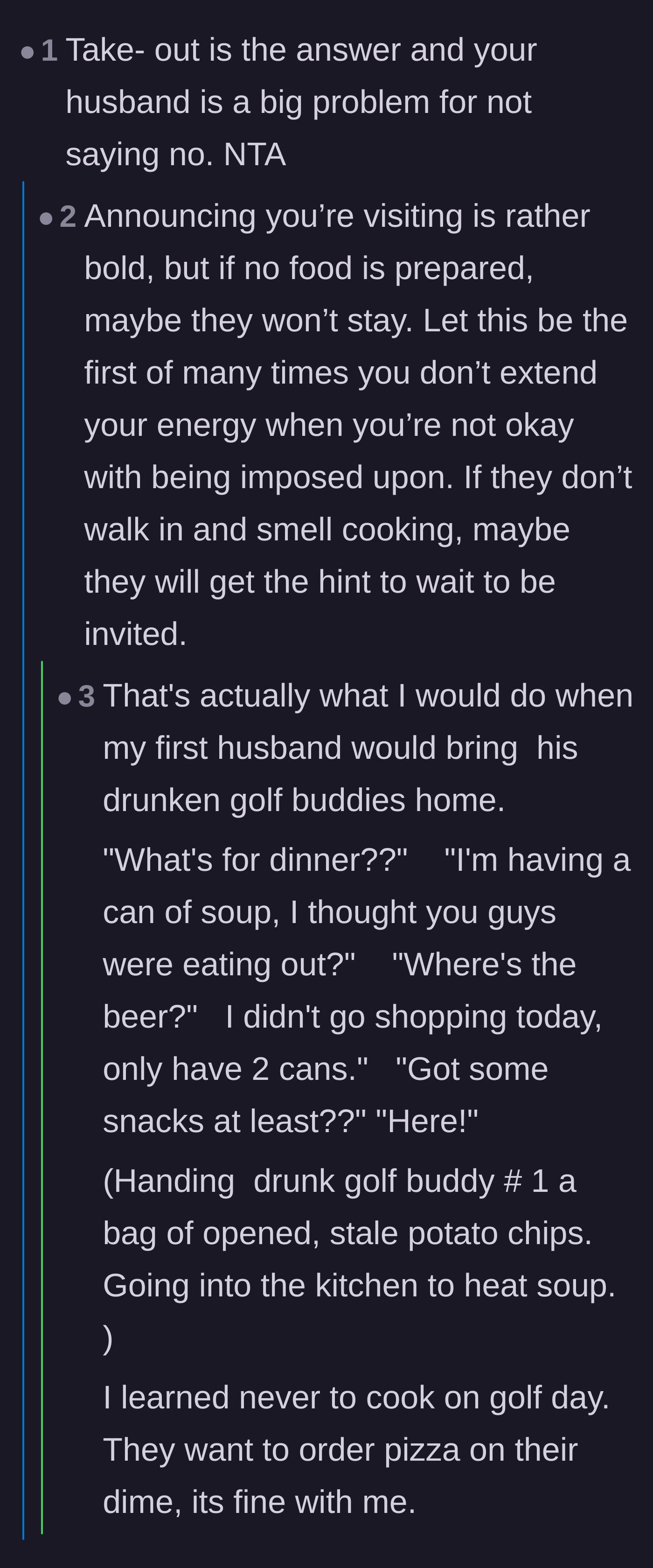 Comment thread 4 - A user sharing their own hilarious revenge strategy of serving stale chips and canned soup to uninvited guests.
