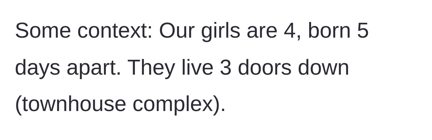 Story part 1 - Introduction of the two four-year-old girls living just a few doors apart in the same townhouse complex.