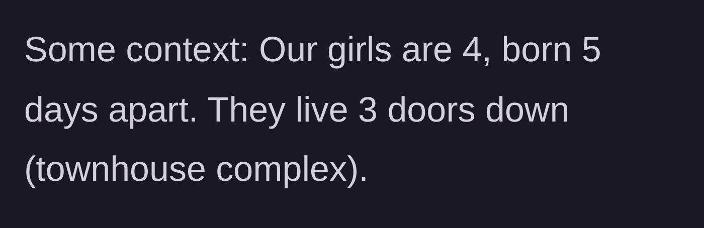 Story part 1 - Introduction of the two four-year-old girls living just a few doors apart in the same townhouse complex.