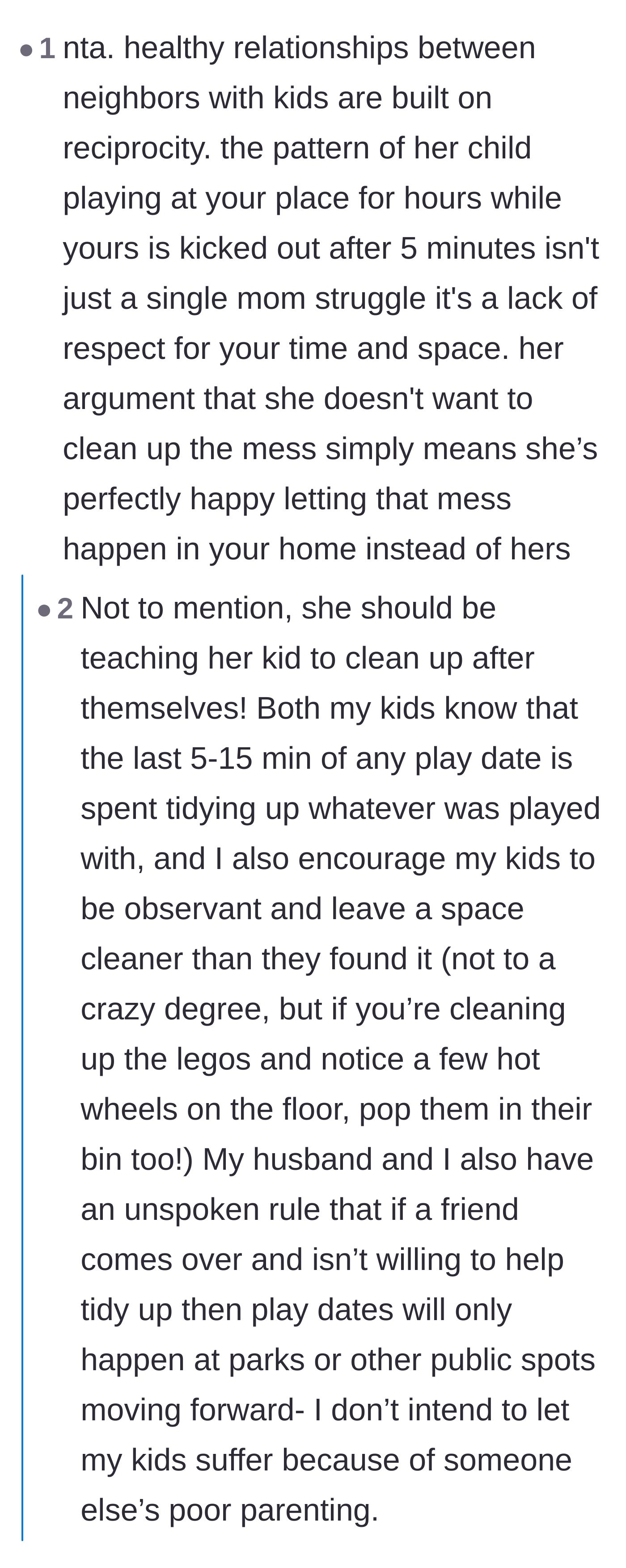 Comment thread 1 - Commenters discuss the importance of neighborhood reciprocity and teaching kids to clean up after themselves.