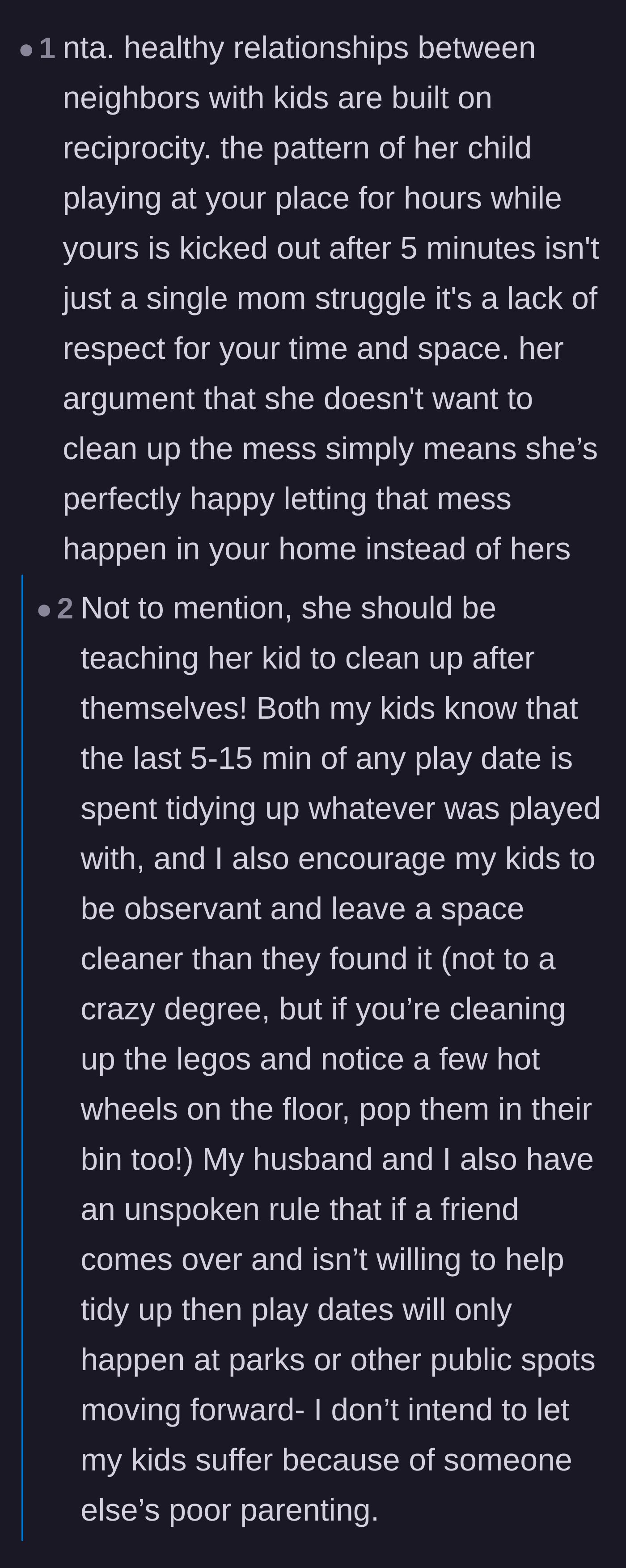 Comment thread 1 - Commenters discuss the importance of neighborhood reciprocity and teaching kids to clean up after themselves.