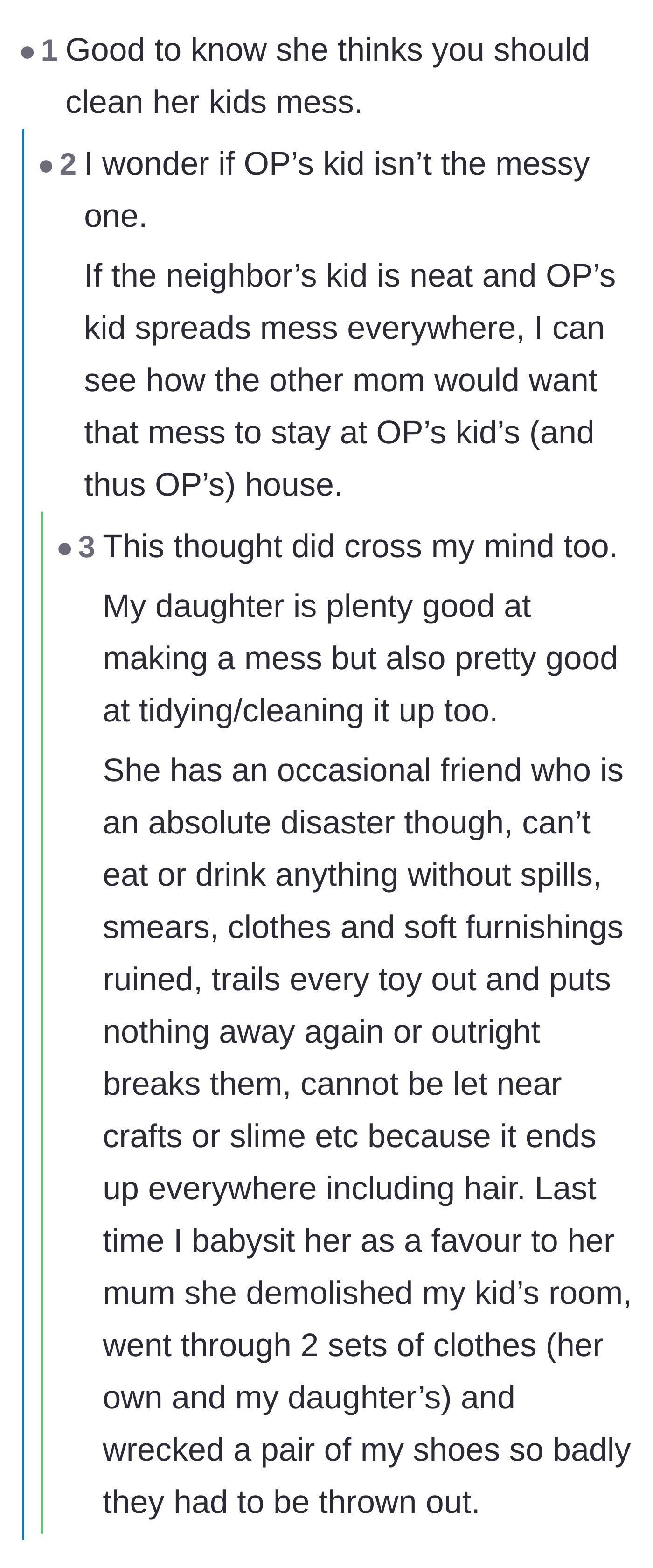 Comment thread 4 - A debate over whether the narrator's child is actually the messy one, debunked by the narrator's own clarifications.