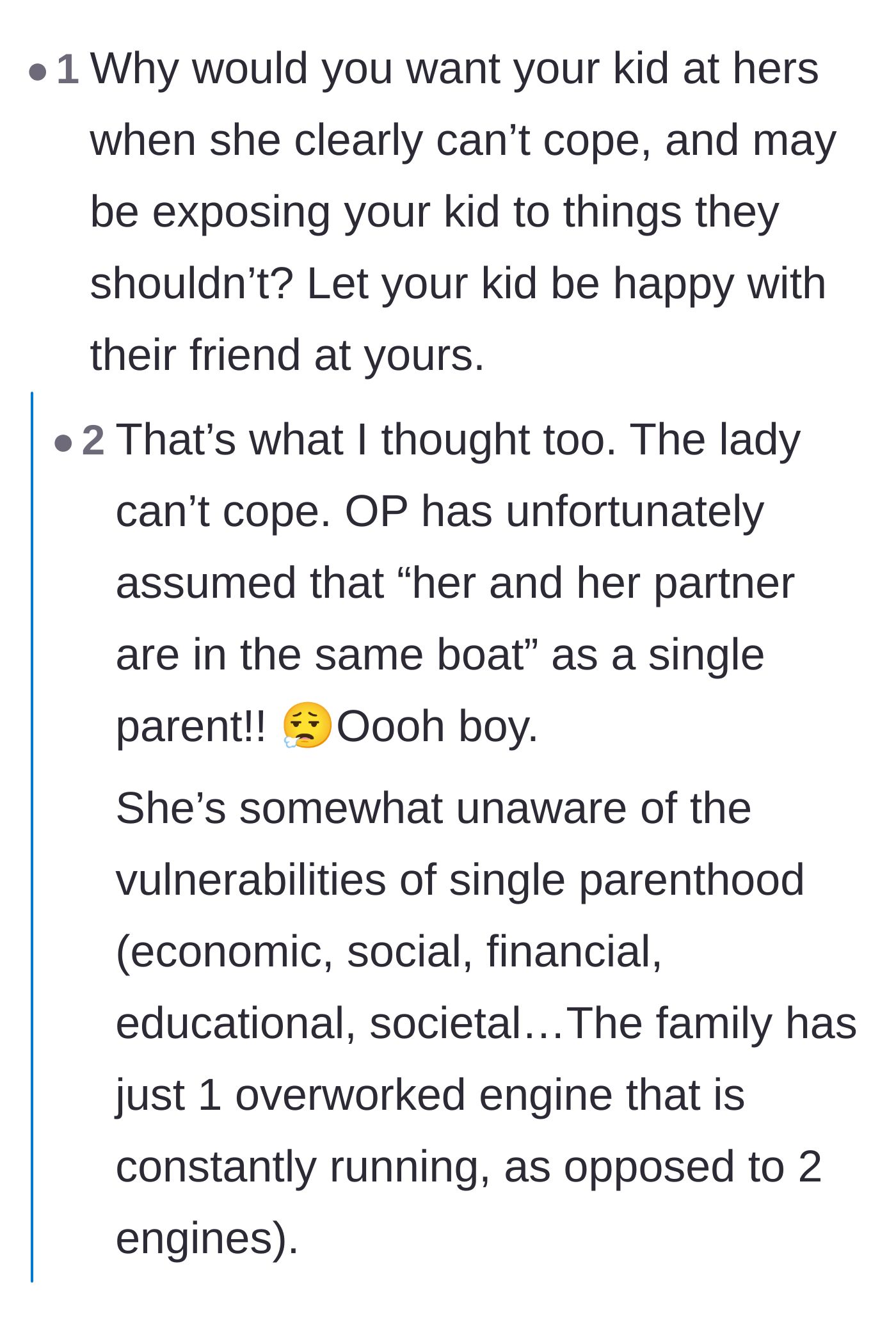Comment thread 6 - Single mothers in the comments criticize the narrator for claiming her two-parent household faces the same struggles as a single parent.