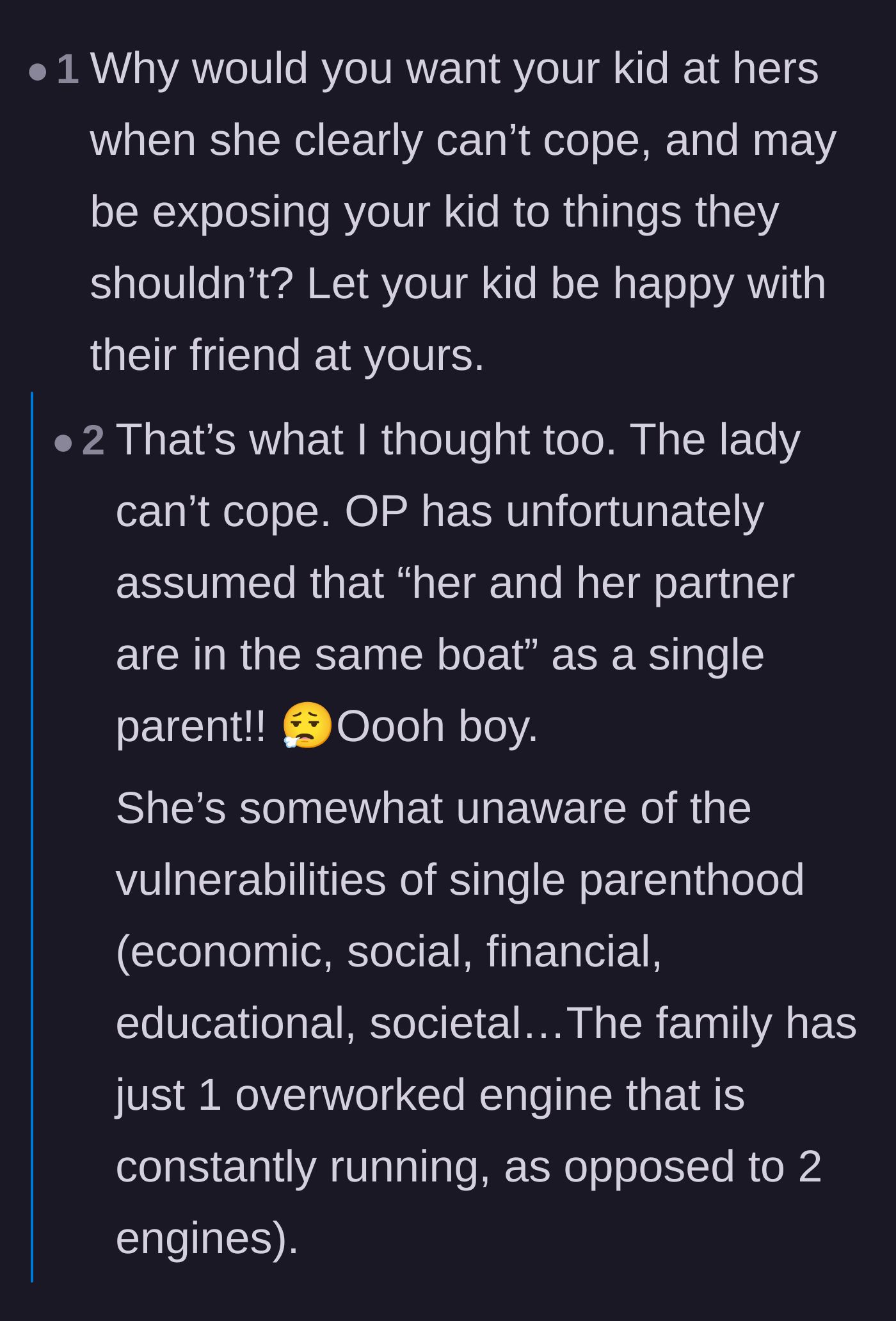 Comment thread 6 - Single mothers in the comments criticize the narrator for claiming her two-parent household faces the same struggles as a single parent.