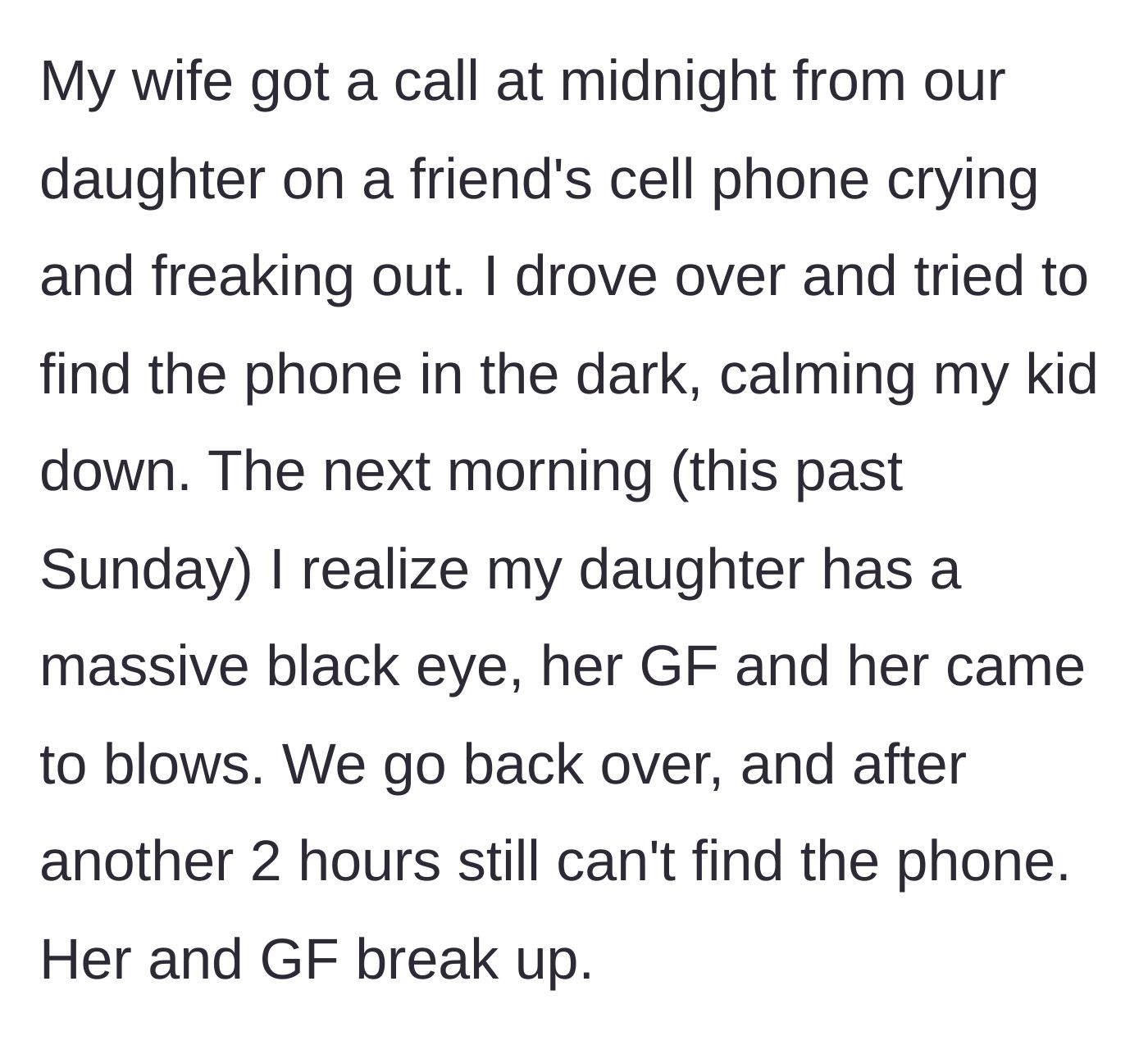Story part 3 - The parent rescues the crying daughter at midnight, only to discover the next morning that she has a black eye from the fight.